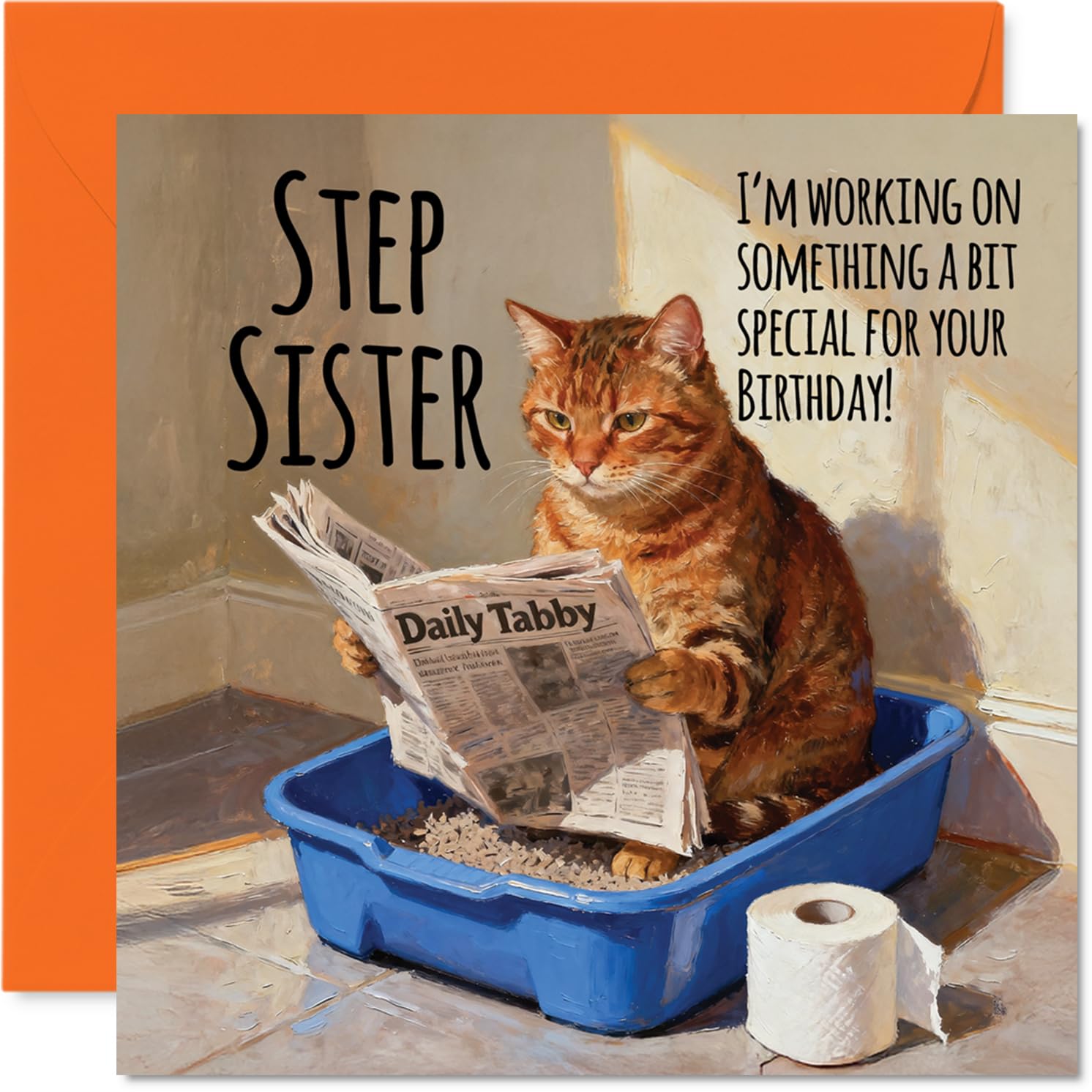 Step Sister Birthday Card - Working on Something Special - Happy Birthday Card for Step Sister from Brother Sibling, 145mm Funny Cat Litter Tray Humour Bday Greeting Cards