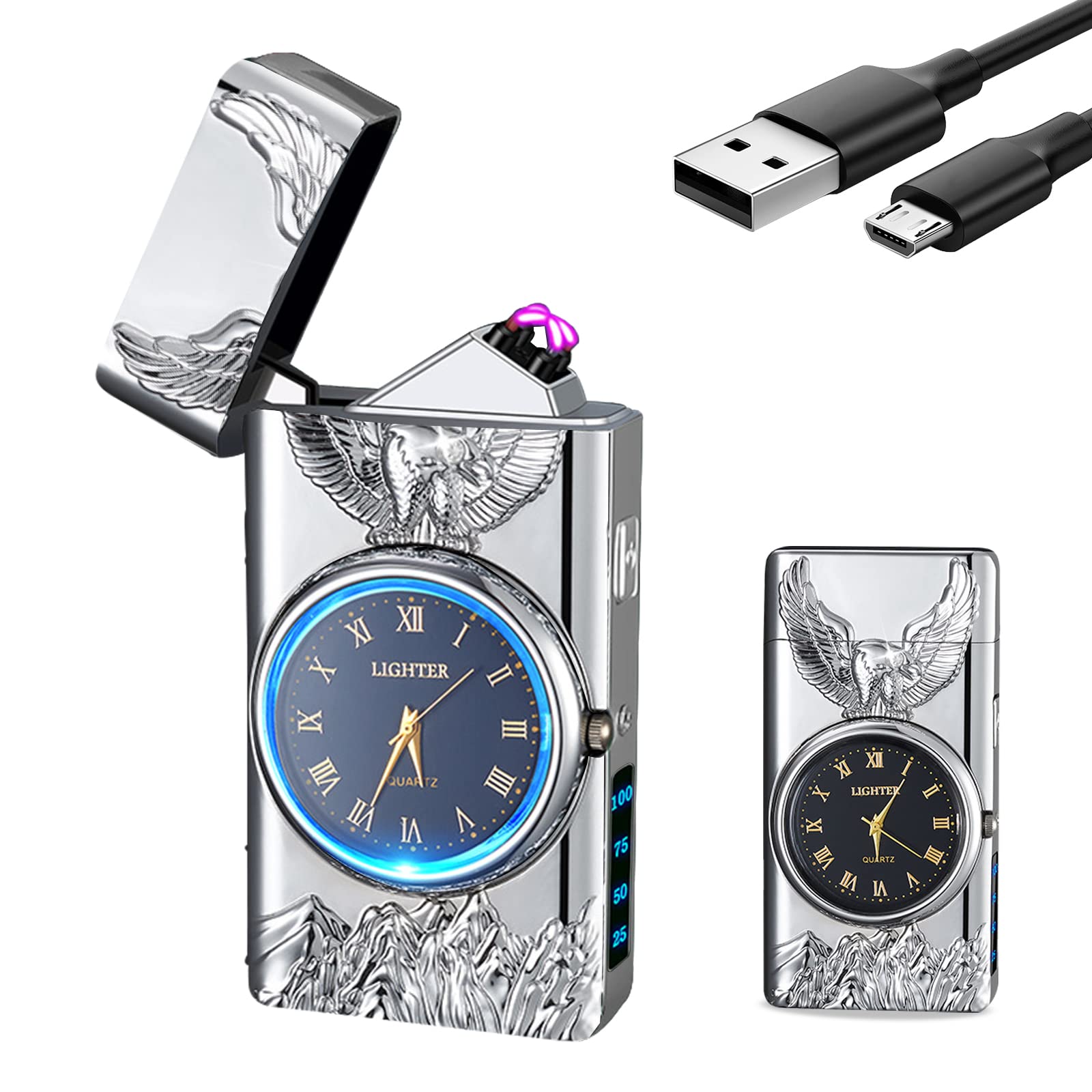 SKRFIRE Eagle Electric Lighter Rechargeable USB Lighter Plasma Arc Lighter Flameless Cool Lighters LED Lighting for Outdoor, Hiking, Camping (Silver)