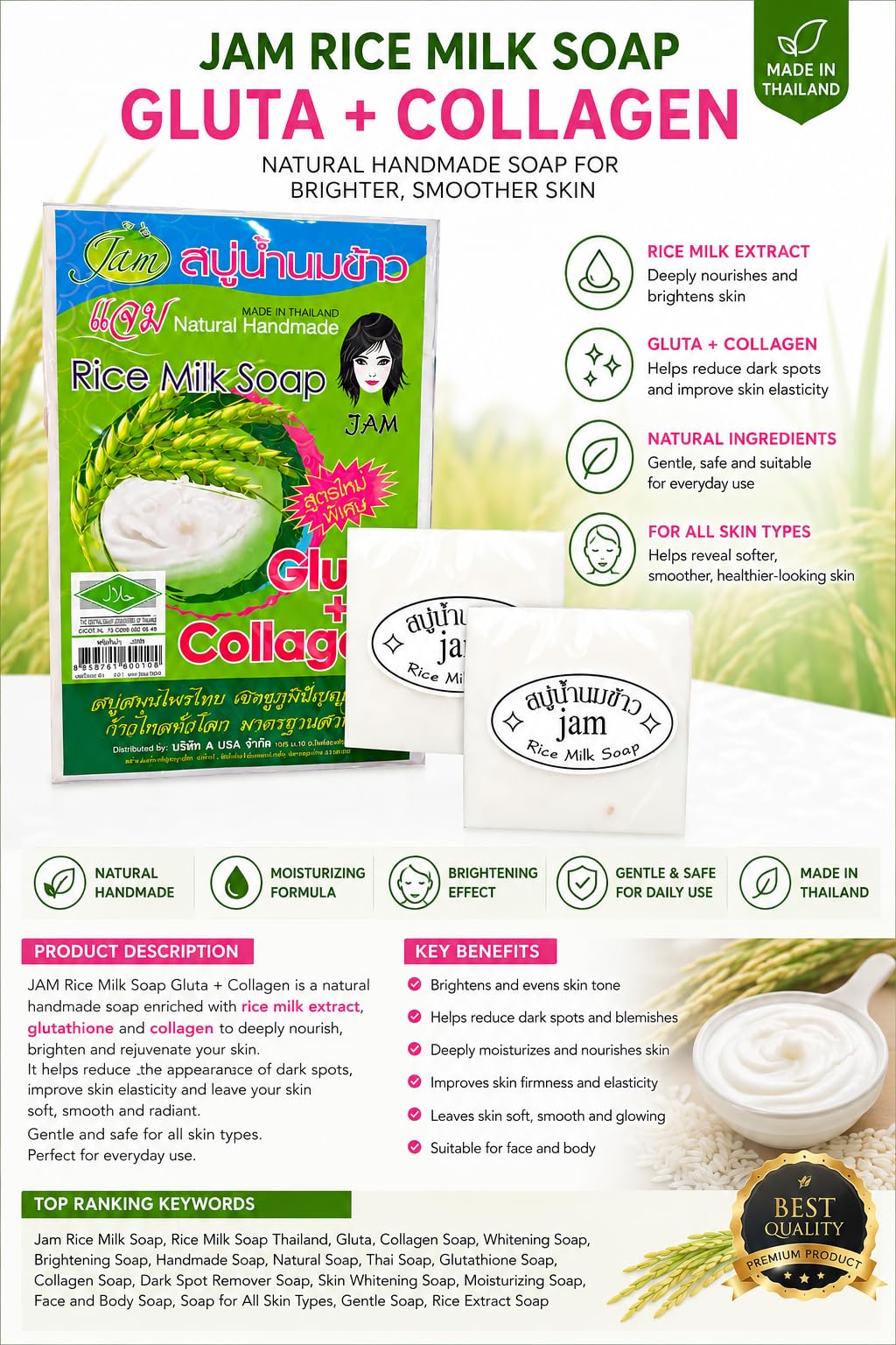 Buy The Graceful Glamourr™ JAM Rice Milk Soap with Glutathione & Collagen | Natural Handmade Thailand Soap for Face & Body