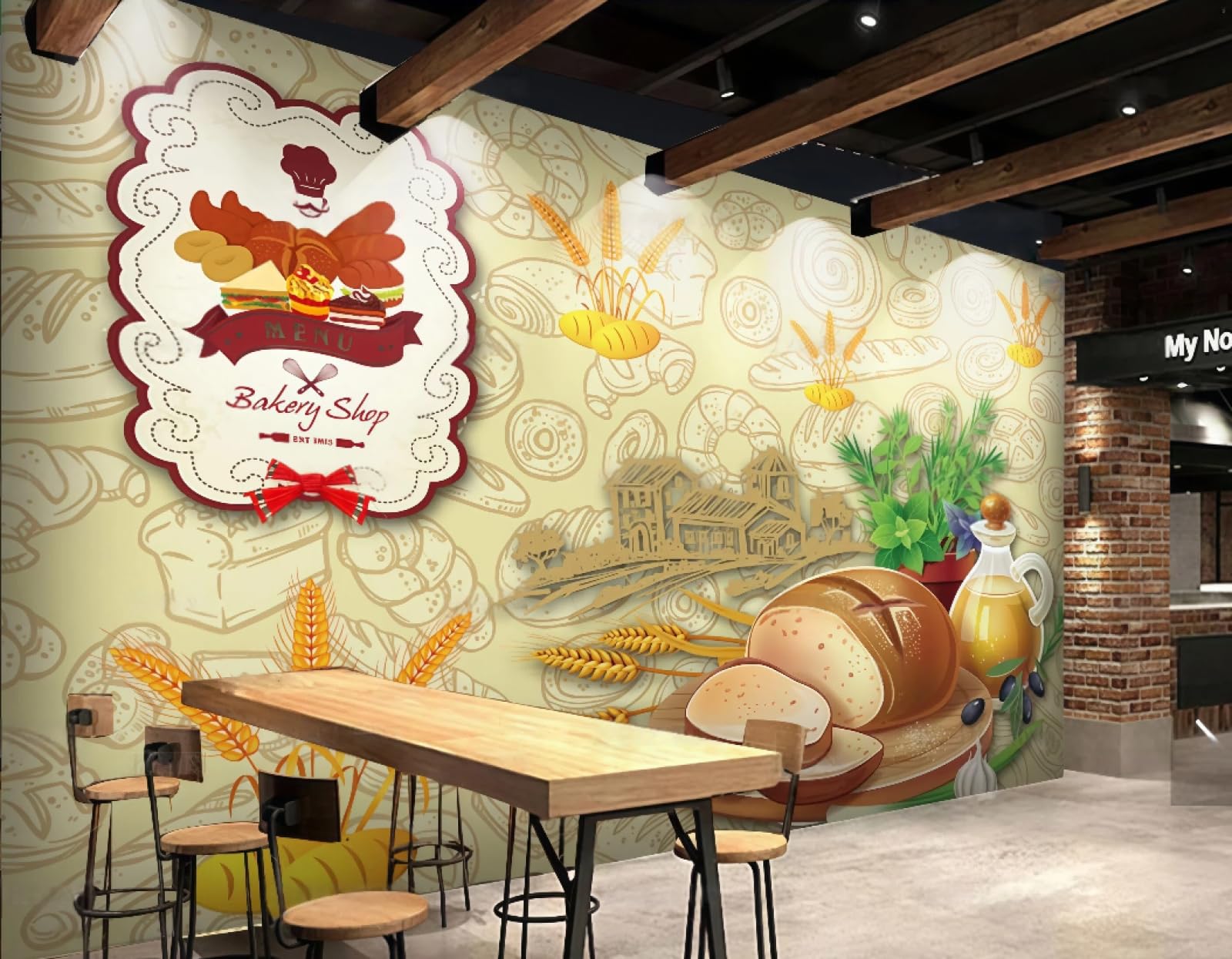 XDOUBAO Wallpaper Hand-Painted Bakery Shop, Pastry, Dessert Shop, Shopping Mall, Drinks, Afternoon Tea, Western Restaurant Background Wall Wallpaper, Coffee Shop Mural,3D,350x245cm