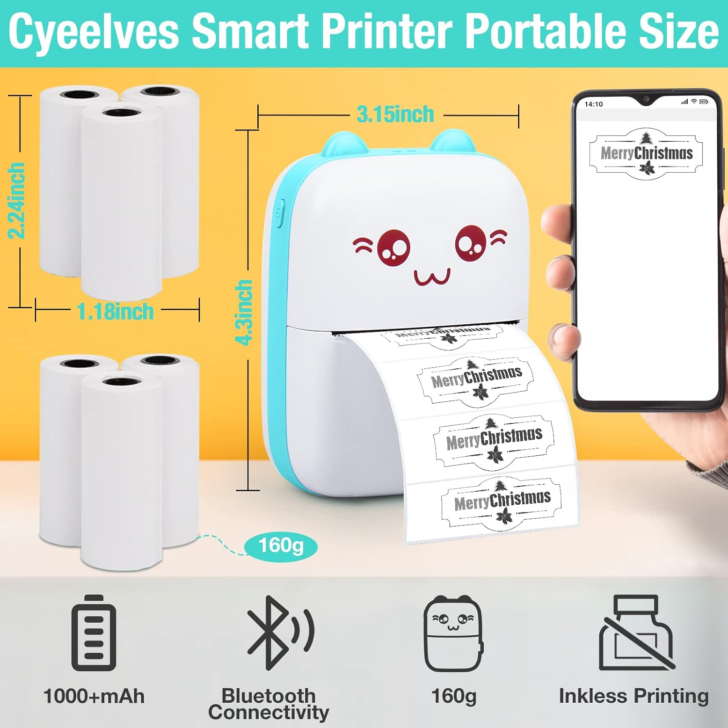 Diagram showing the dimensions of the Cyeelves Mini Printer and the thermal paper rolls, along with icons for battery, Bluetooth, weight, and inkless printing.
