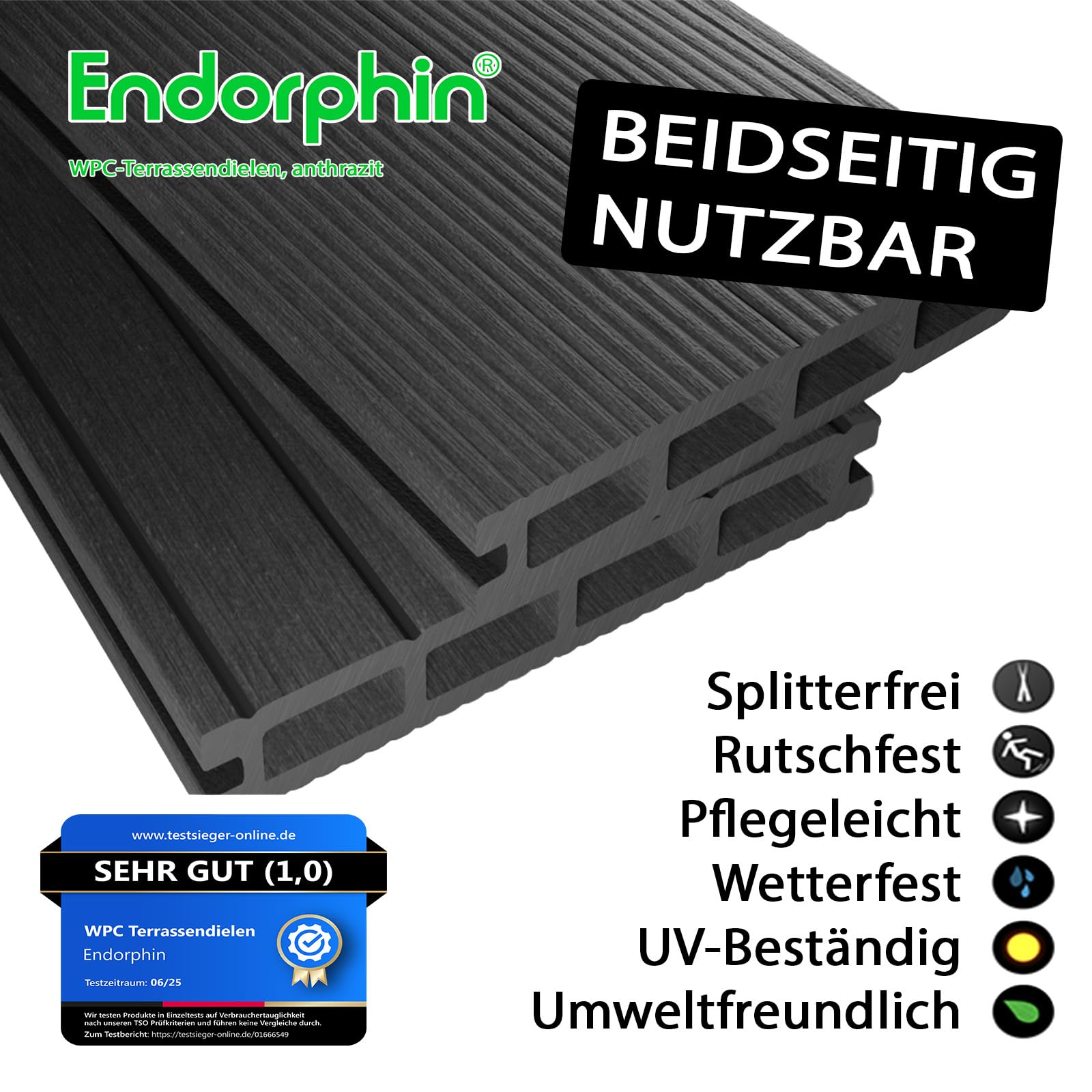 Endorphin® WPC Terrassendielen Komplettset 2-50m² Anthrazit - Mit Unterkonstruktion & Clips – WPC Dielen Wetterfest Pflegeleicht Dielenlänge 220cm (36qm)