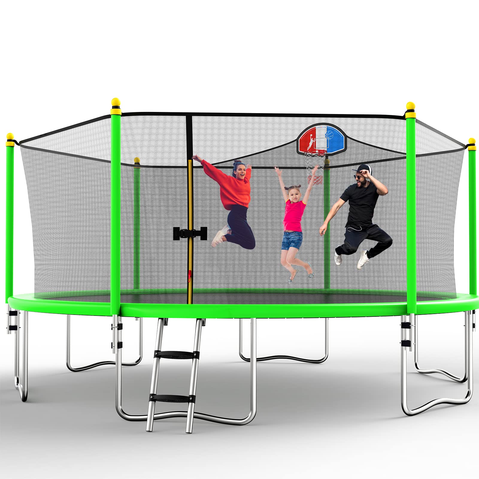 Lyromix 16FT Trampoline with Enclosure Net, Large Recreational Trampoline with Basketball Hoop and Ladder, Outdoor Backyard Jumping Trampoline, Capacity for 8-10 Kids and Adults, Green