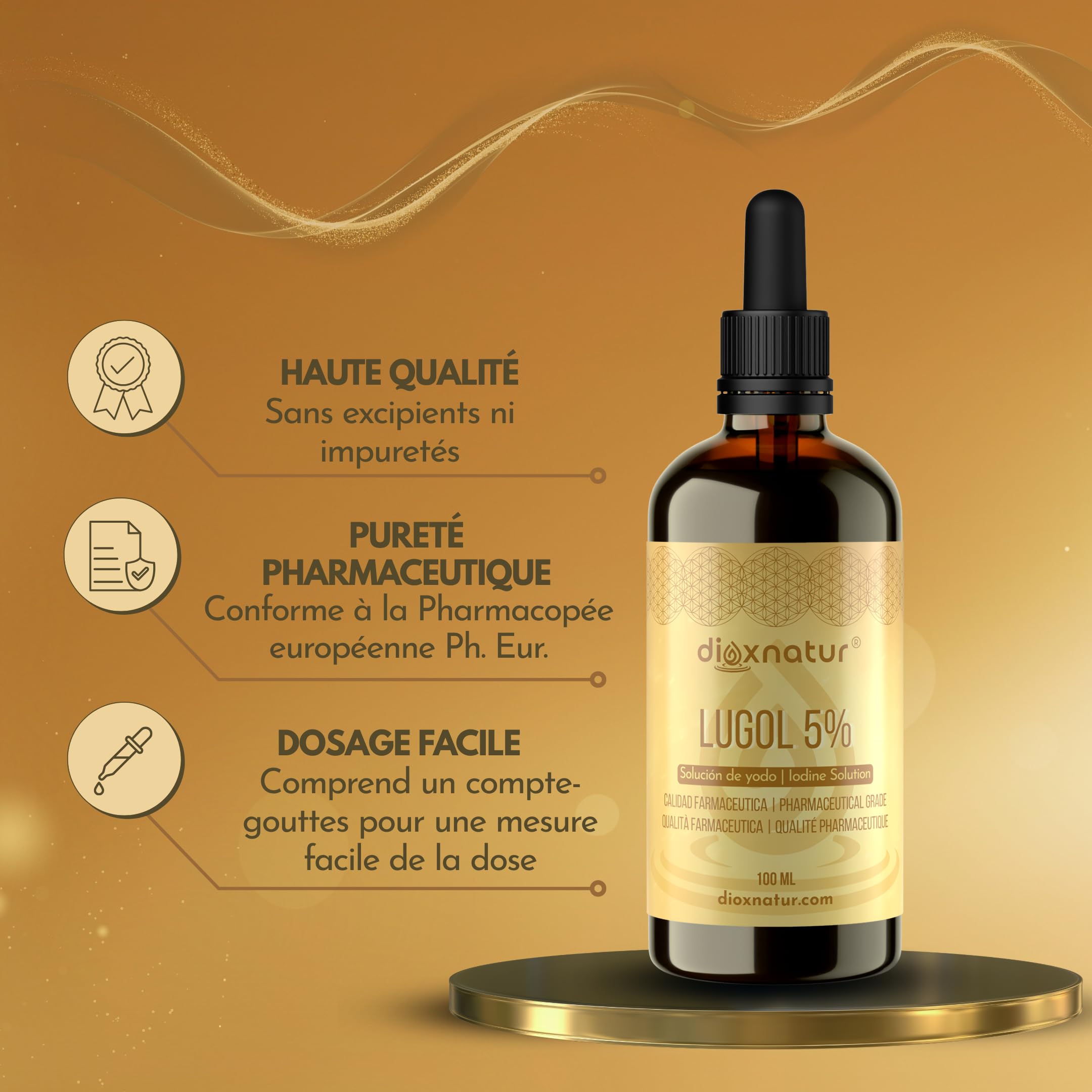 Solution de Lugol 5% de qualité pharmaceutique 100ml Gouttes d'iode liquide et d'iodure de potassium avec pipette de dosage précis
