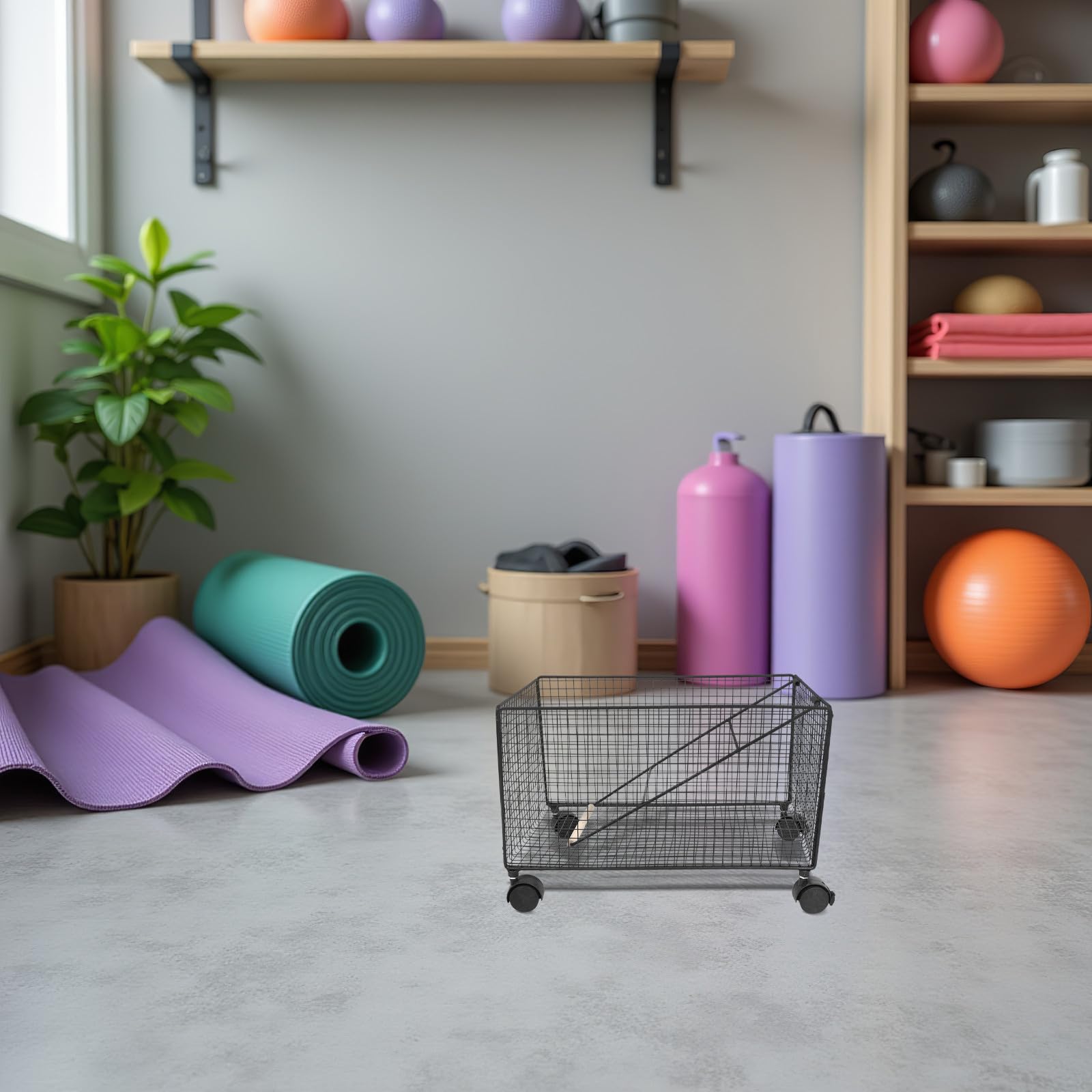 Sewroro Organizador Móvil para Equipos de Gimnasio en Casa con Ruedas, Estructura de Hierro y Plástico, Diseño Multipropósito y Ahorro de Espacio para Esterillas y Mancuernas