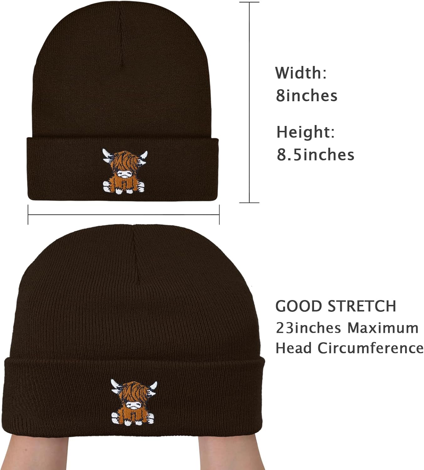 Scottish Highland Cow Beanie Hat, Cute Funny Cow Embroidery Winter Knit Skull Cap for Adult Men Women - Image 3