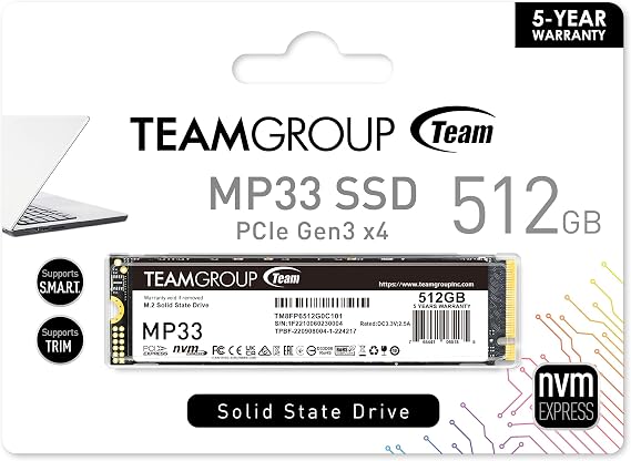 TEAMGROUP MP33 512GB SLC Cache 3DNAND TLC NVMe PCIe Gen3x4 M.2 2280 Internal SSD R/W up to 1700/1400 MB/s Compatible w/ Laptop&Desktop TM8FP6512G0C101