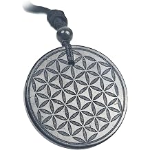 Shungite Pendant 35mm Natural Crystal Necklace with Flower of Life Engraving Round Polished Stone Amulet with Adjustable Cord for Men and Women