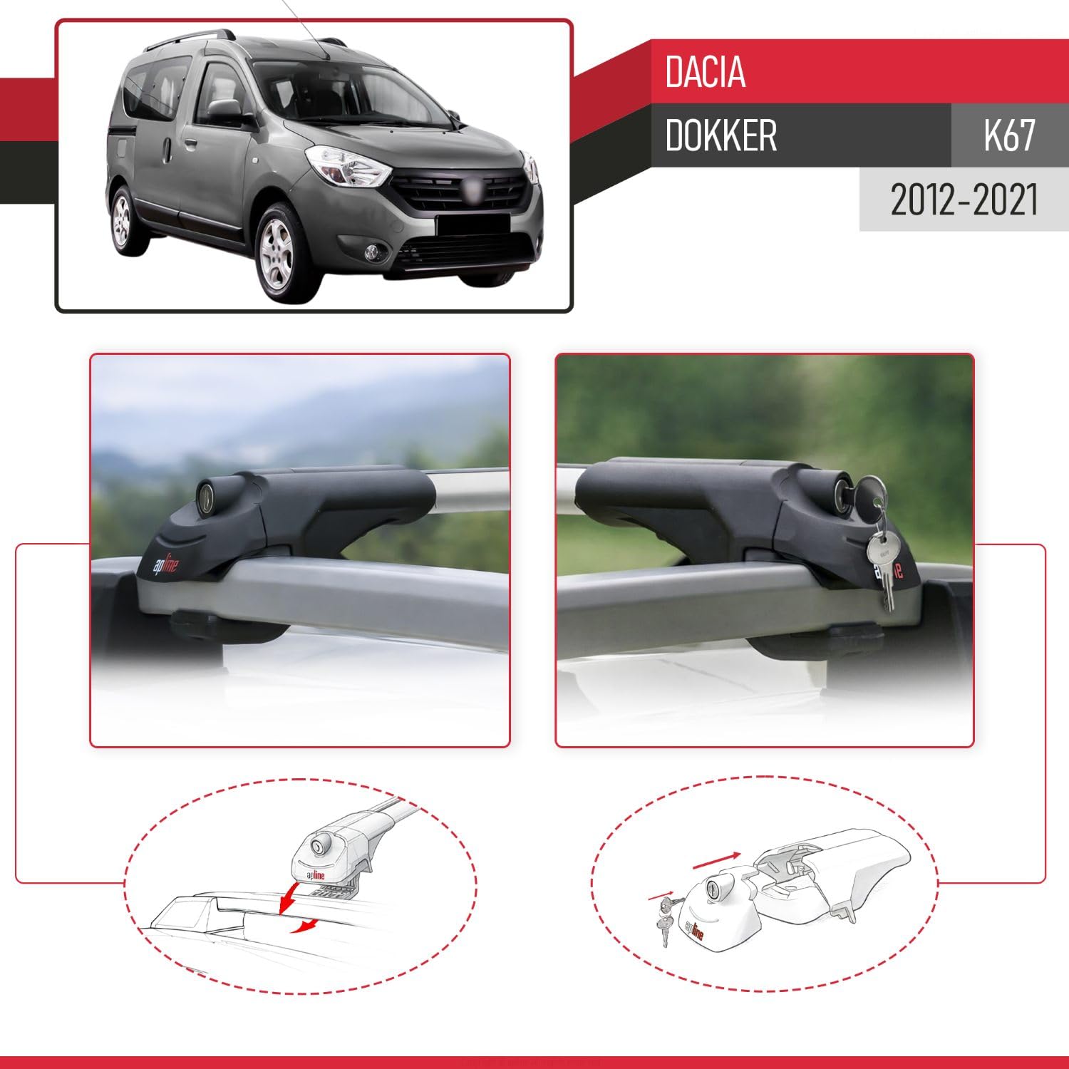 Kompatybilny z Dacia Dokker (K67) 2012-2024 ACE-1 Model Aluminiowy bagażnik dachowy 2 poprzeczki, szary
