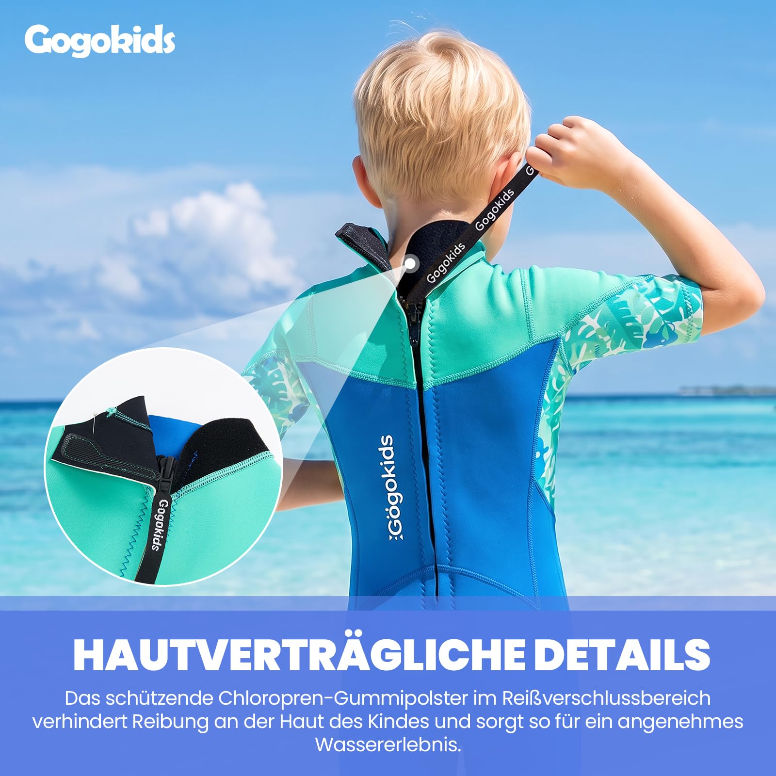 Gogokids Kinder Neoprenanzug Shorty 2,5mm Wetsuit für Jungen & Mädchen | UV-Schutz 50+ Einteiler mit Rückenreißverschluss, Kurzarm Schwimmanzug für Schwimmen, Schnorcheln & Surfen, Alter 2-8 Jahre