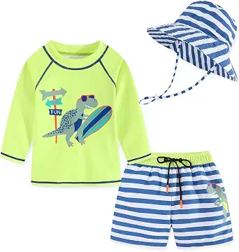 Toddler Boys' 3-Piece Rashguard Swimwear Set with Hat, UPF 50+