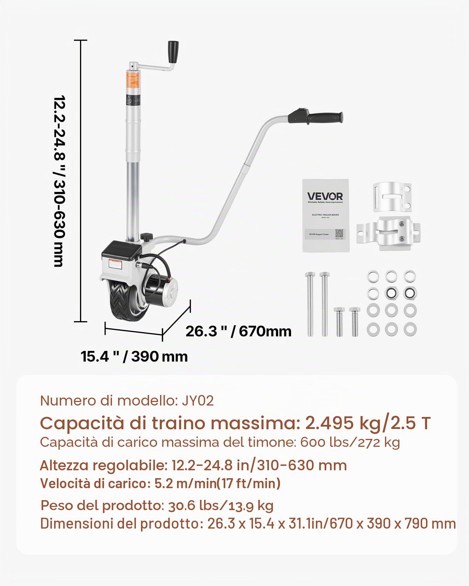 VEVOR Carrello Elettrico per Rimorchio, Ruota di Supporto Motorizzata velocità di Movimento di 7 m/min, Altezza del Morsetto Regolabile 31 a 63 cm, capacità di 2,5 T per Roulotte e Barche