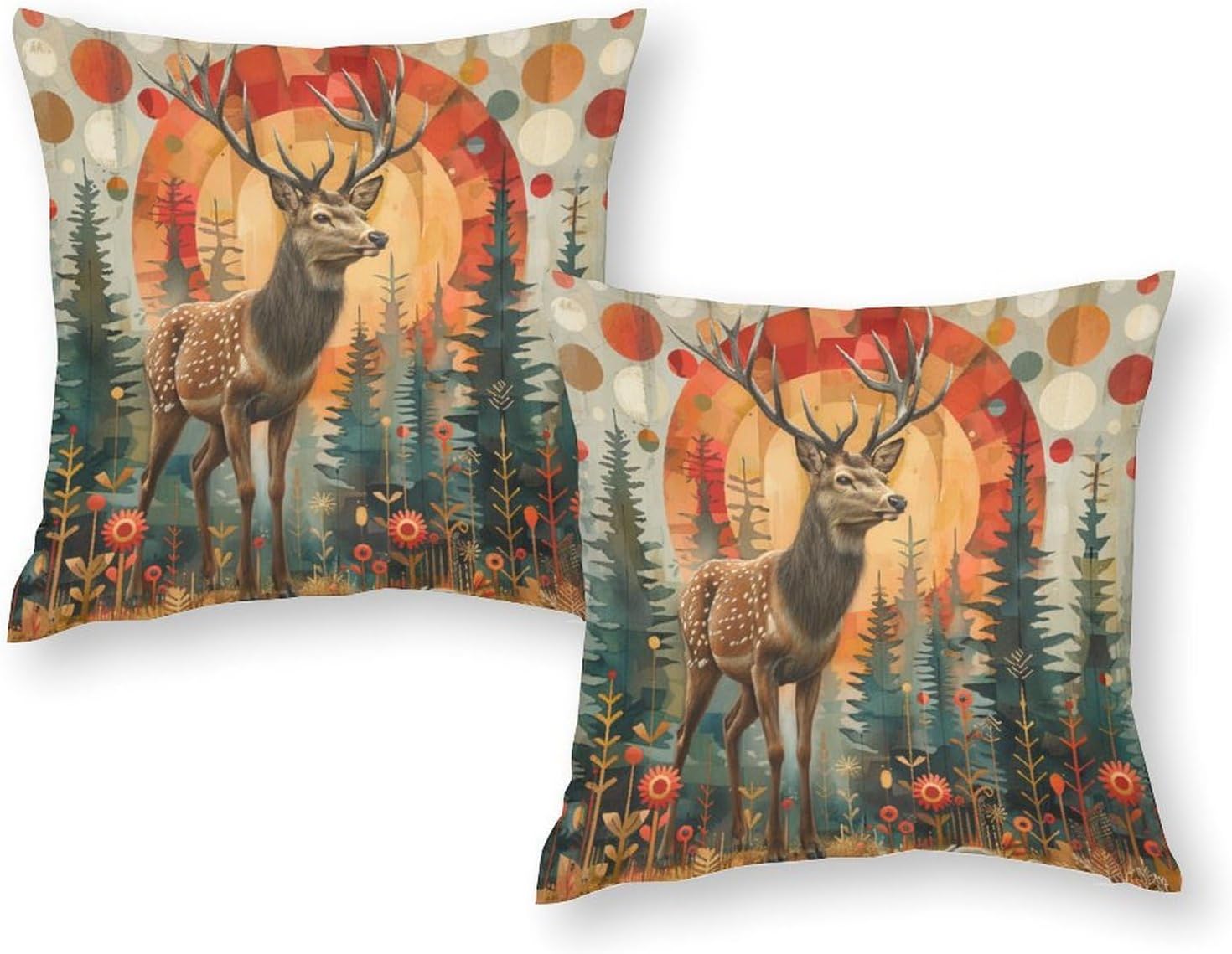 2 Packs Abstract Forest Deer Throw Pillow Covers for Living Room, Pine Tree Floral Geometric Pillow Covers Cushion Case for Couch Sofa Bed, 20x20 inch