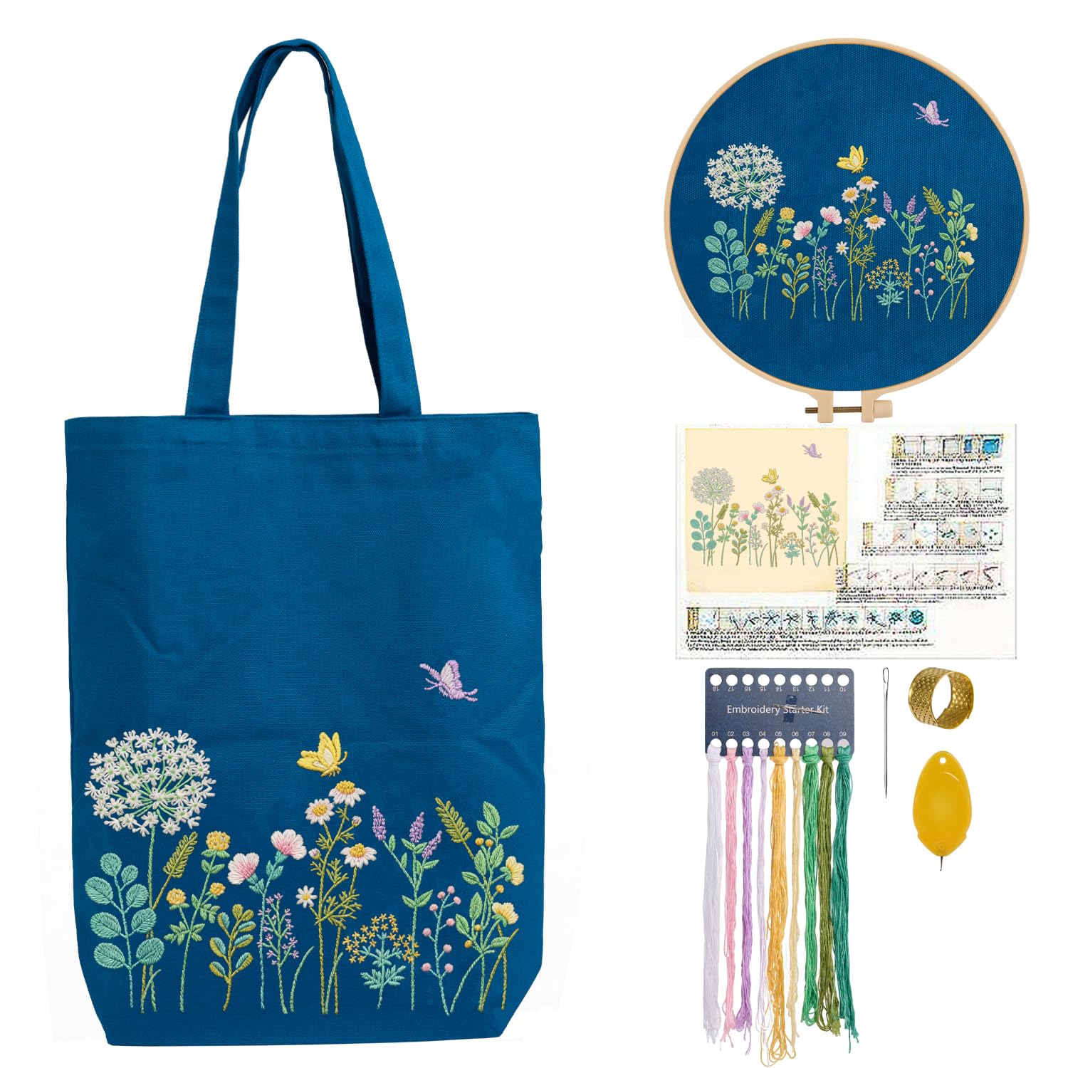 CREAWONDER Hand Embroidery Kits for Bag, Embroidery Kit Bag with Pattern for Beginners, Arts and DIY Embroidery Crafts Kits for Adults, Include Instructions, Embroidery Hoops, Color Threads and Tool