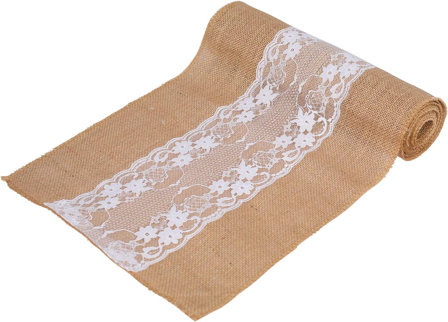MDS Pack of 15 Wedding 12 x 108 inch Burlap Lace Hessian Table Runner Rustic Natural Jute Country Vintage for Wedding Banquet Decoration – Natural Lace Jute Burlap