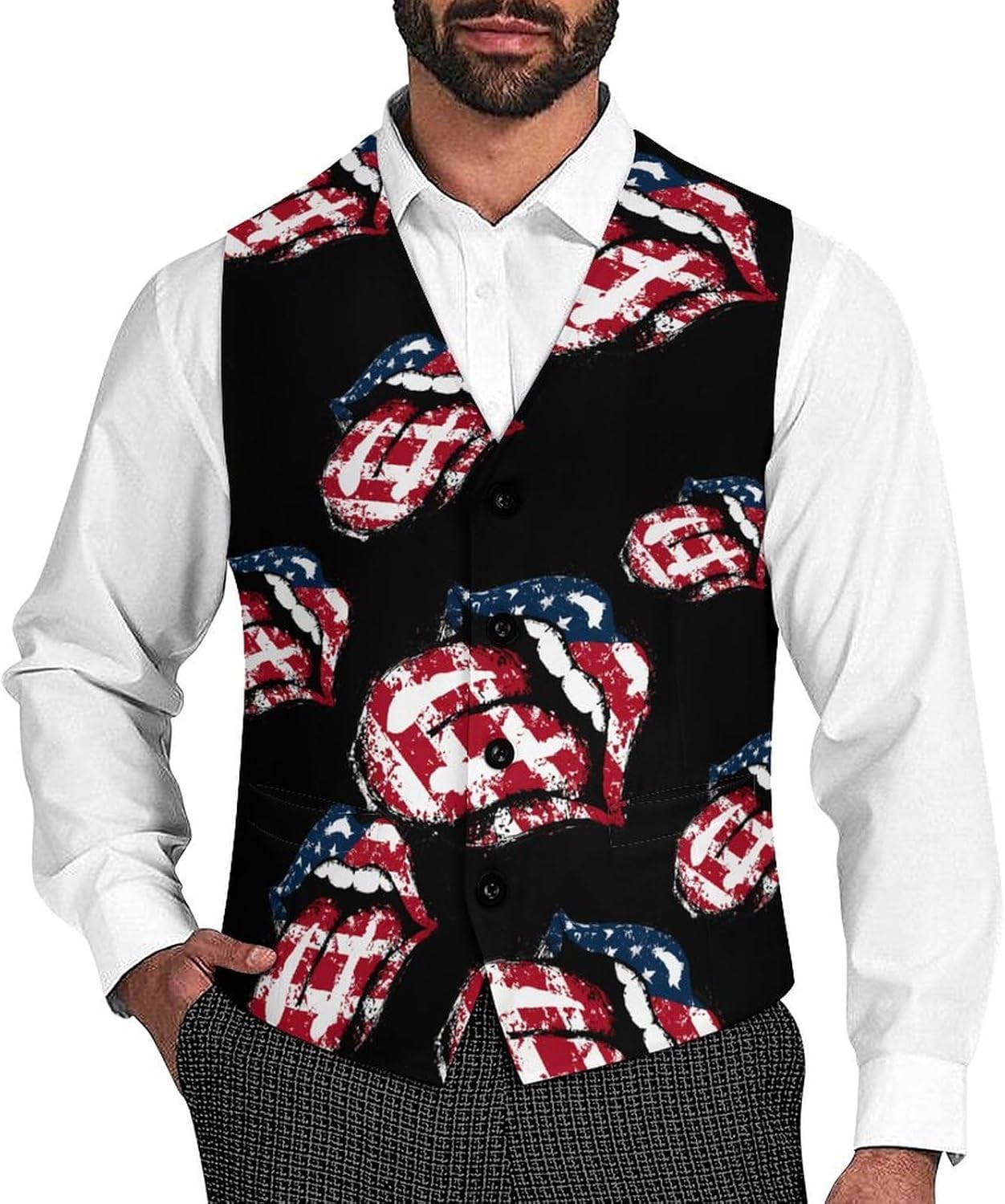 USA Flag Lips Men's Suit Vest Formal Vests Casual Dress Fit Waistcoat Casual Tuxedo for Business