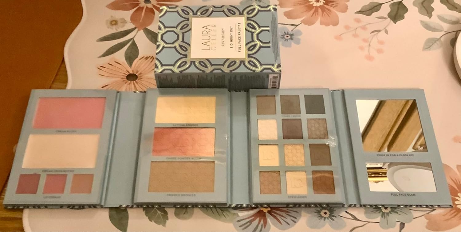 LAURA GELLER NEW YORK RSVP-Ready Big Night Out Full Face Travel Makeup Palette - All-in-One Set includes Eyeshadows, Eye Liners, Blush, Bronzer, Highlighter, Setting Powder, and Lip Creams