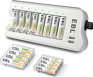 EBL AA 2300mAh (8 Pack) and AAA 1100mAh (8 Pack) Ni-MH Rechargeable Batteries and 808U AA AAA Rechargeable Battery Charger with 2 USB Charging Ports