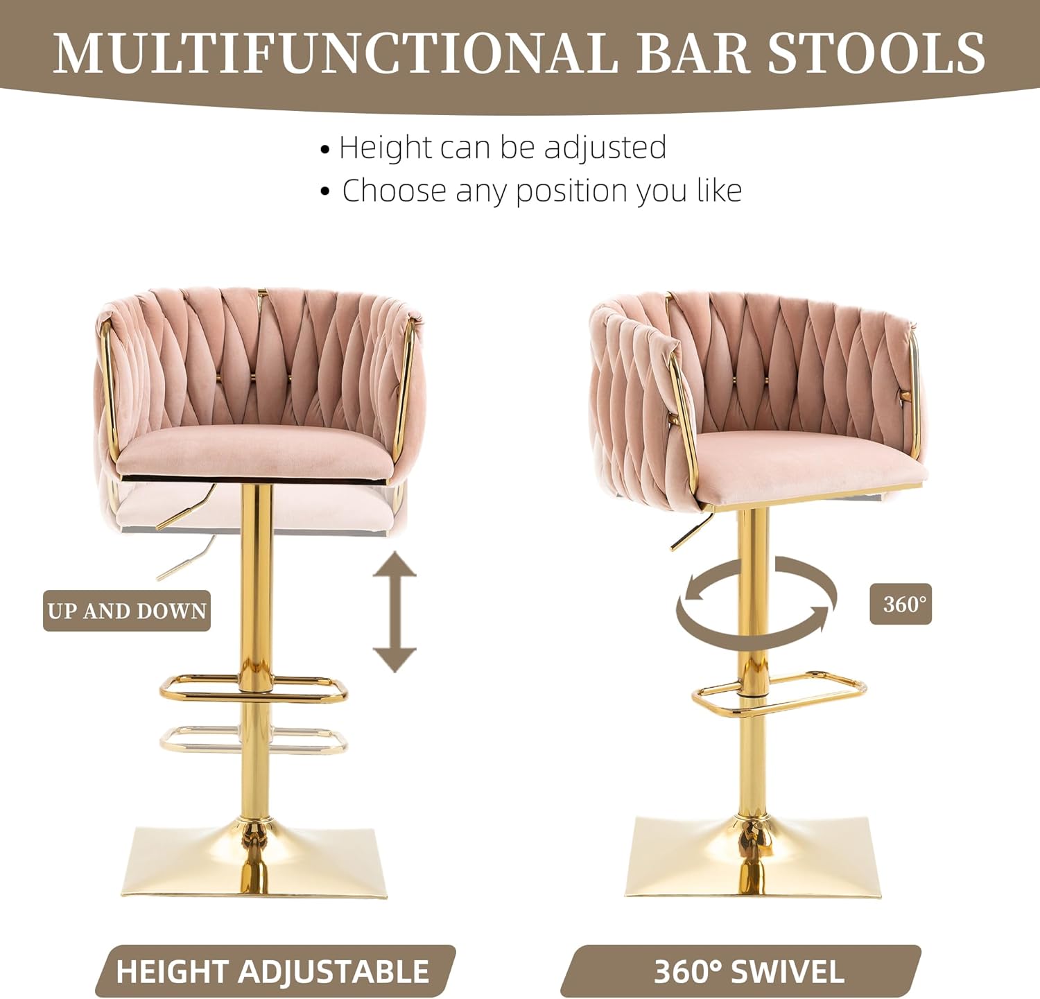 QQU 360° Modern Swivel Bar Stools Set of 2, Upholstered Height Counter Stools with Backrest & Footrest, Velvet Adjustable High Kitchen Island Chairs, High Dinning Chairs for Kitchen, Dinning, Pink