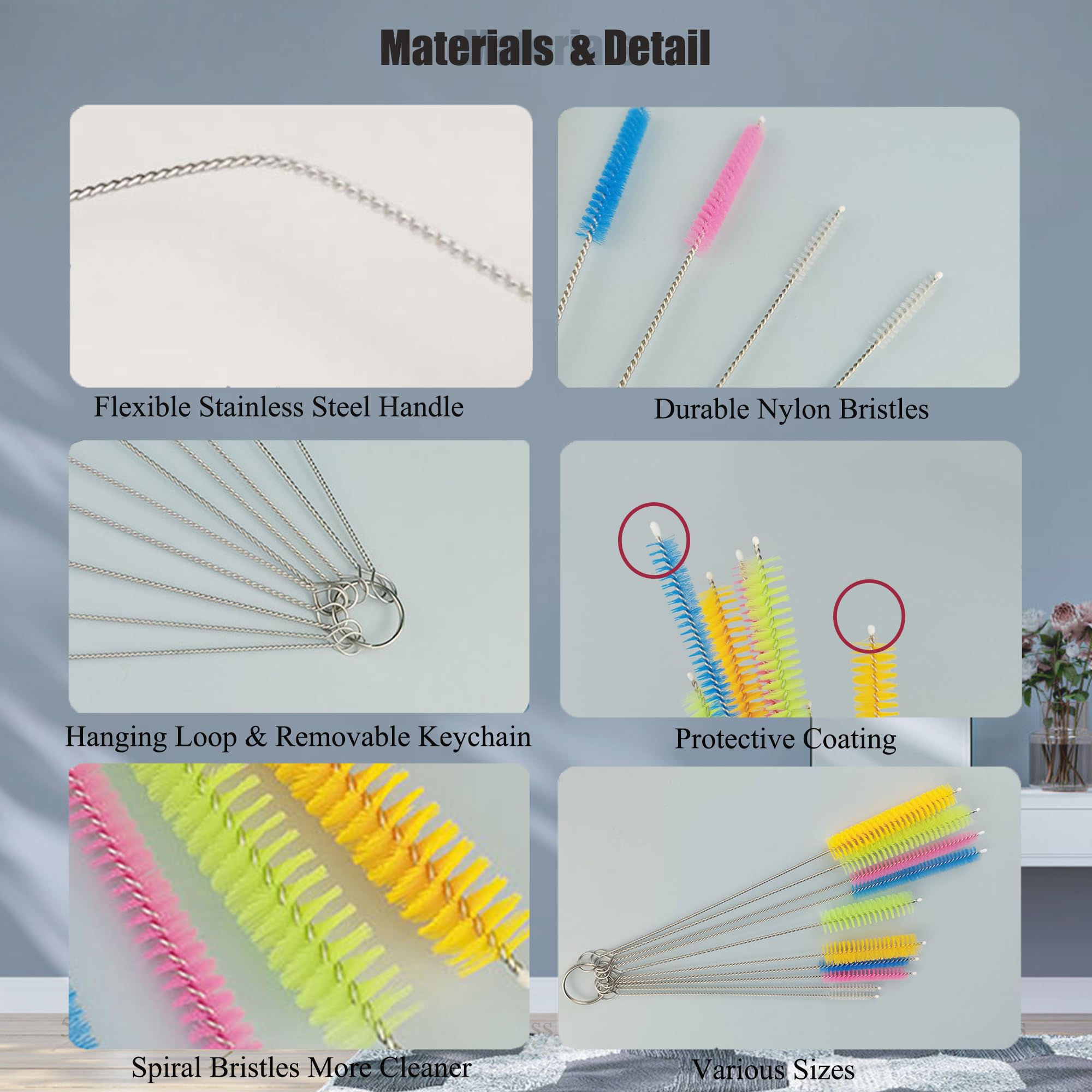 Lot de 50 brosses de nettoyage pour paille avec poignée en acier inoxydable - Poils fermes - Poignée en acier inoxydable facile à nettoyer