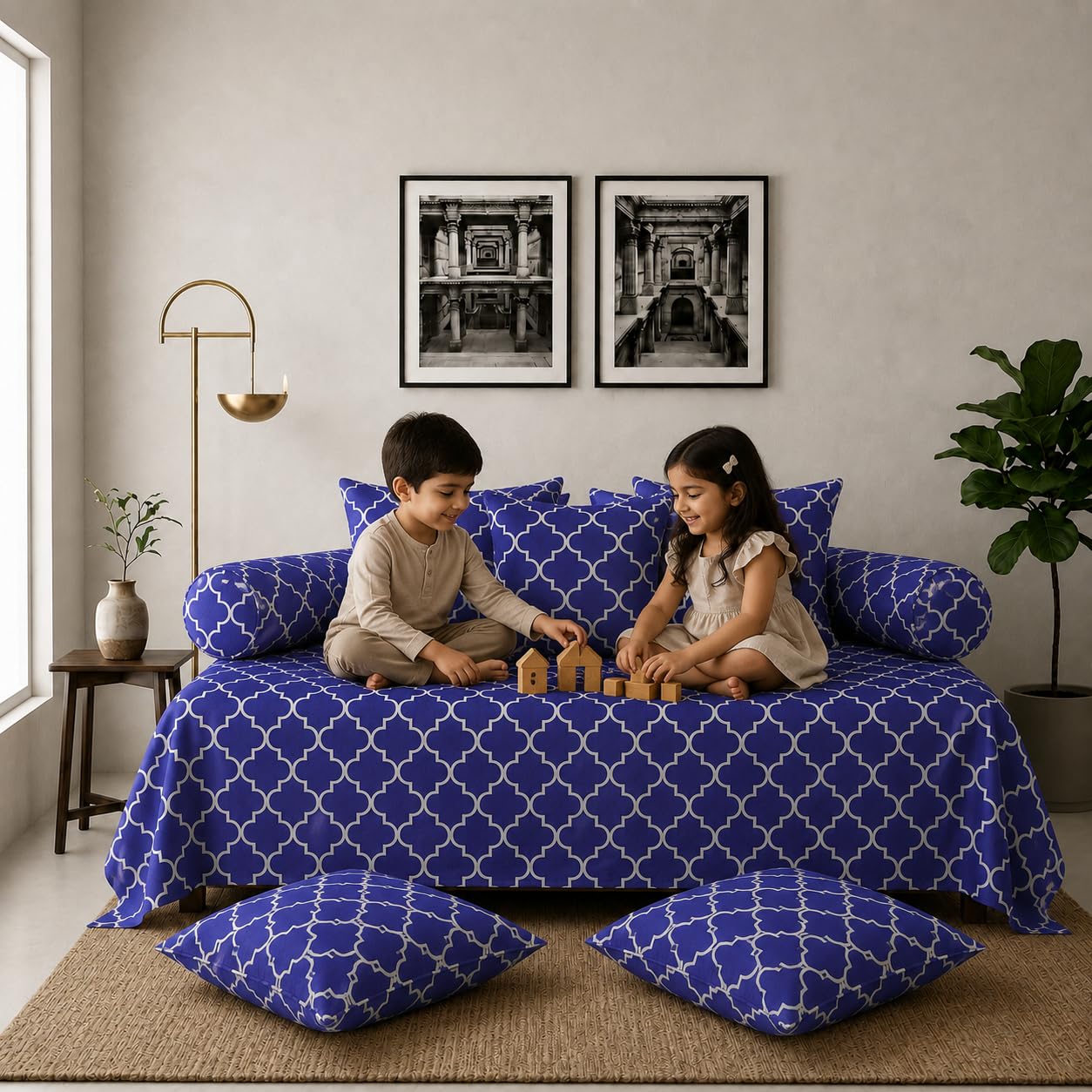 Diwan Set, 100% Cotton Fabric, Maroon & Beige, Damask & Moroccan Print, with Cushion Covers, Machine Washable (3)-image-45