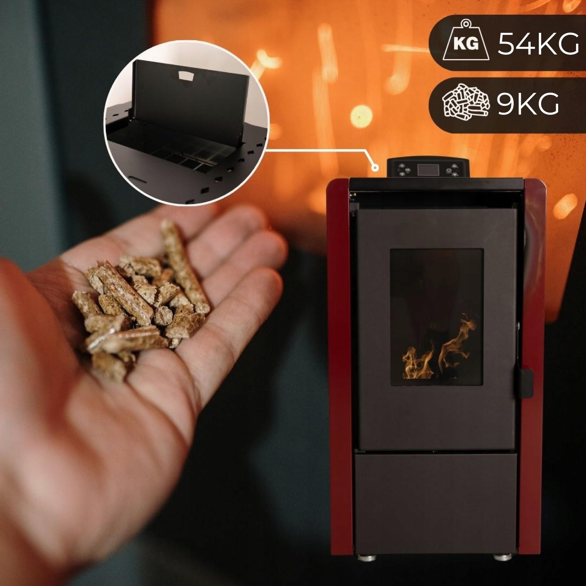 Estufa pellets THUNDER WLAN, automática, termostato, temporizador, kit tubo humos, acero, Ecodiseño, CE, BImSchV. (LEYLA RED, 6,3 KW)