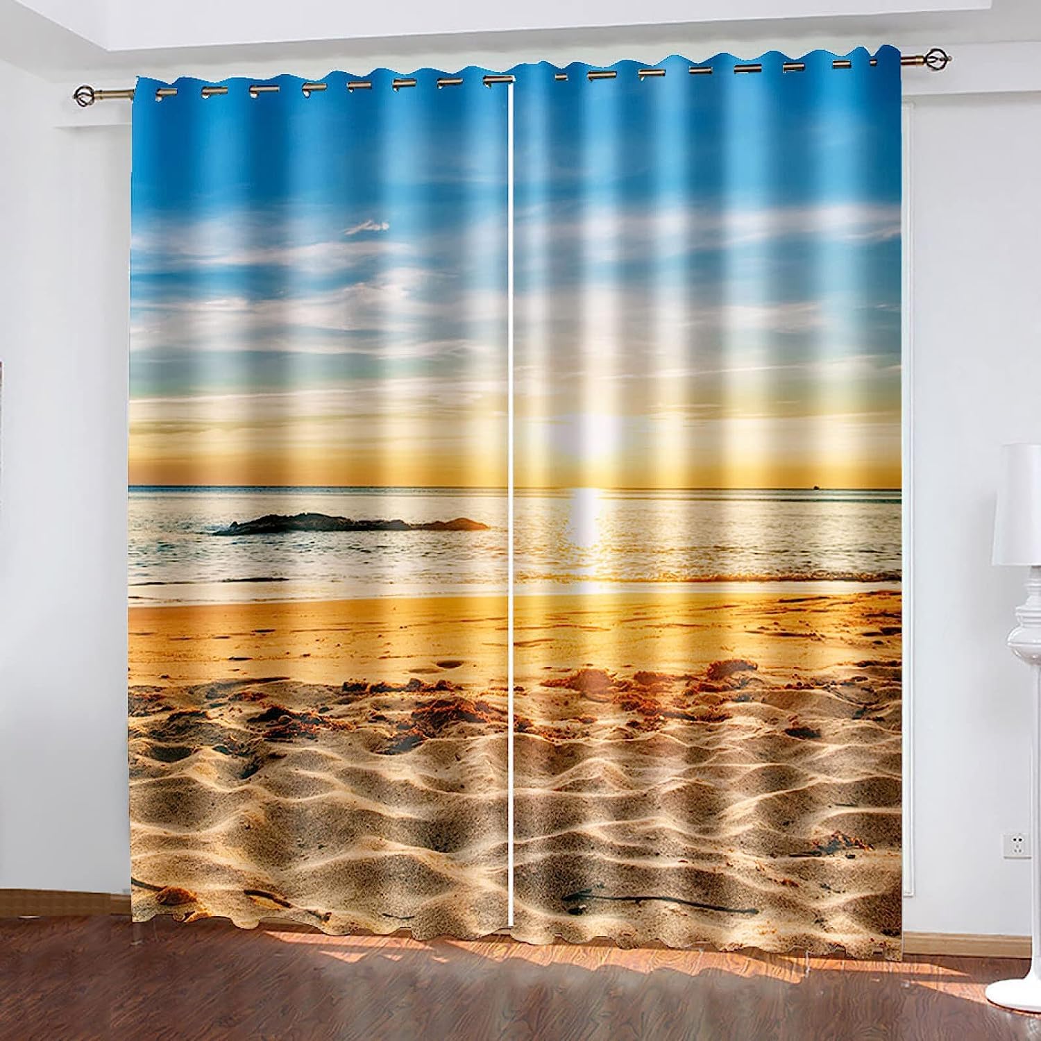 Rideaux occultants pour salon occultation totale du jour motif 3D plage moderne à oeillets
