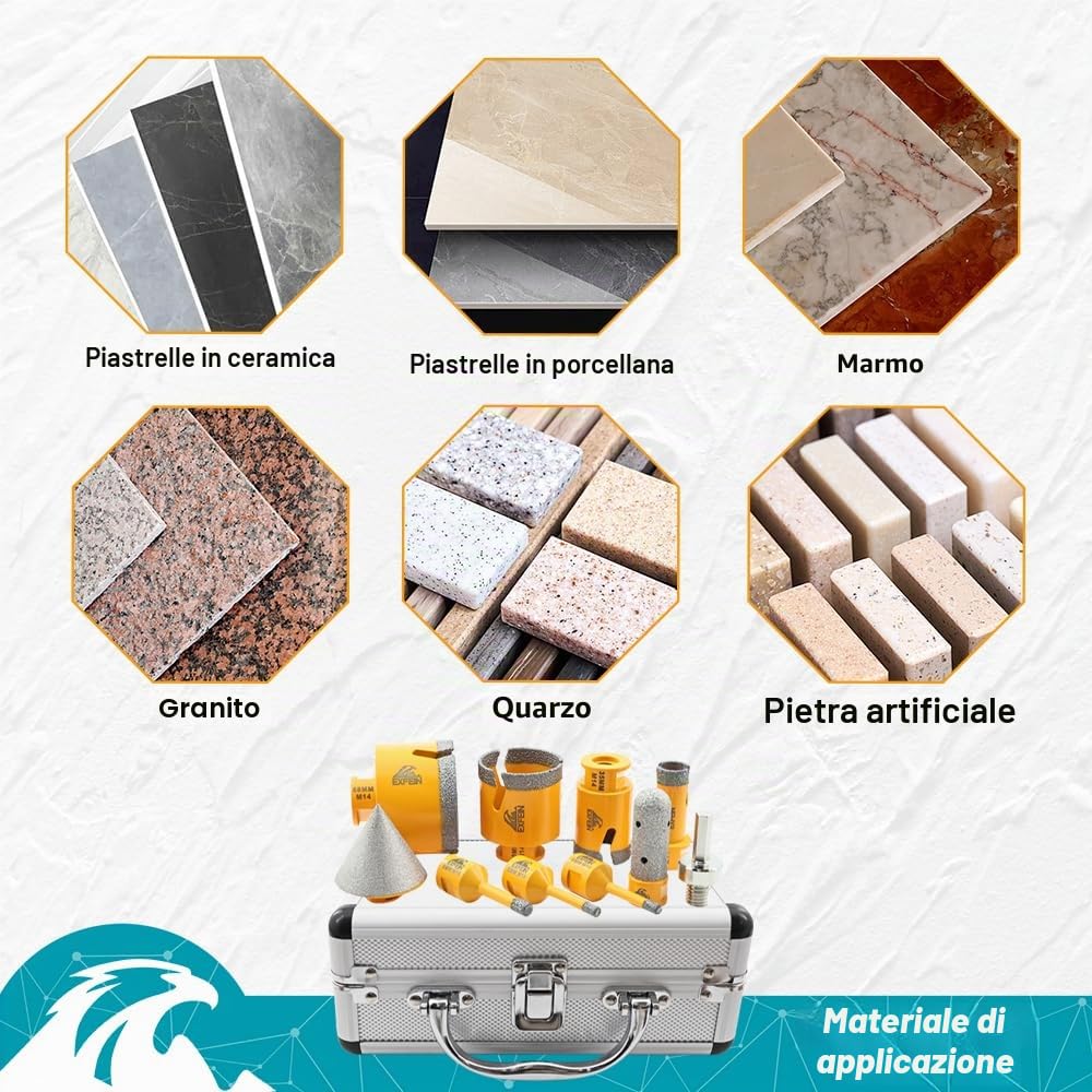Punte Diamantate Gres Porcellanato 10 Pezzi - 6/6/8/20/35/50/68mm Punte Trapano, 20mm Fresa, 50mm Punte Smusso, Adattatore per Porcellana Piastrelle Ceramica Marmo Granito