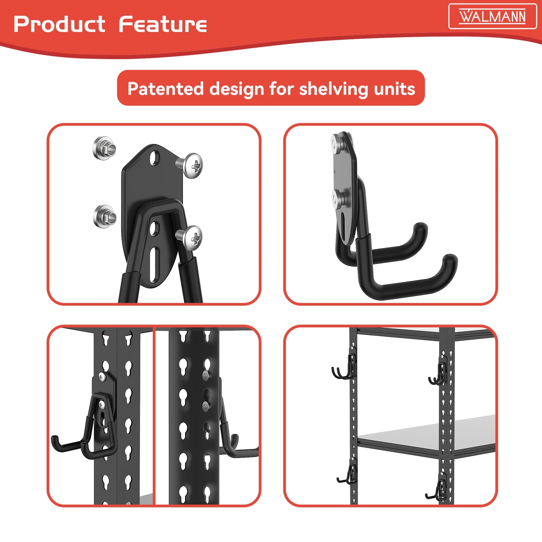 WALMANN 12 ganchos de almacenamiento de garaje, ganchos de montaje en pared para herramientas, escaleras, cables, sillas plegables, palas y rastrillos, ganchos de estantería para estanterías (negro)