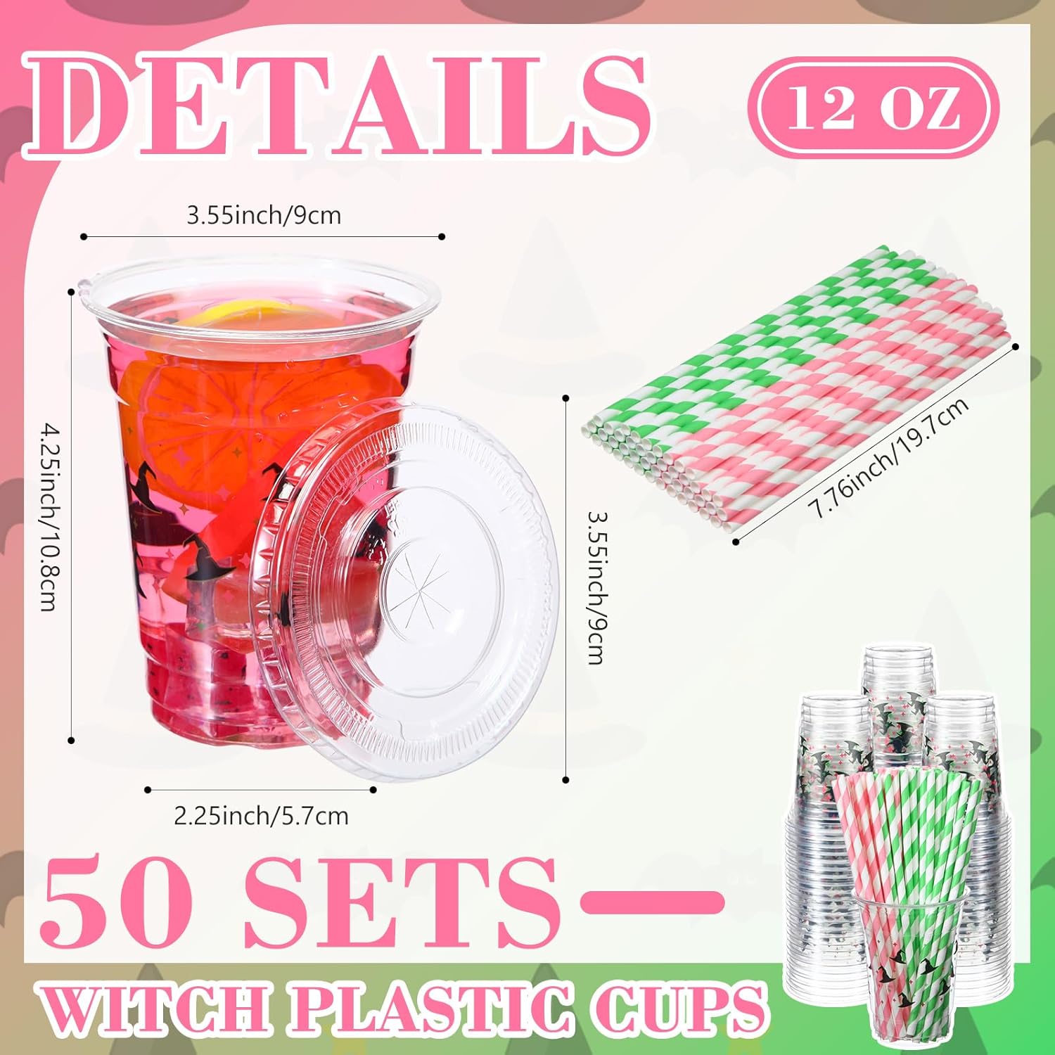 Yungyan 50 Pack Witch Theme Party Plastic Cups 12oz Halloween Pink and Green Cups with Lids and Straws Witch Party Decorations for Movie Theme Birthday Supplies - Image 5