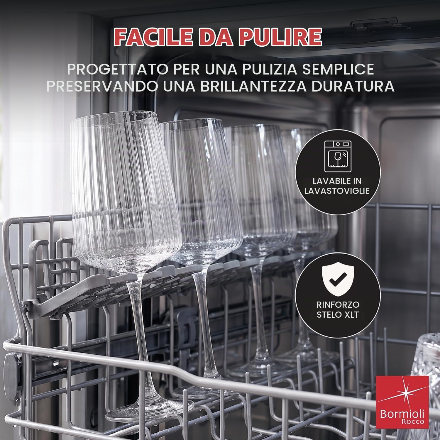Bormioli Rocco Exclusiva - Set di 6 Calici da Vino Rosso 510 ml, Calici per Merlot e Cabernet Sauvignon a Coste, Realizzati in Cristallo con Trattamento XLT, Lavabili in Lavastoviglie