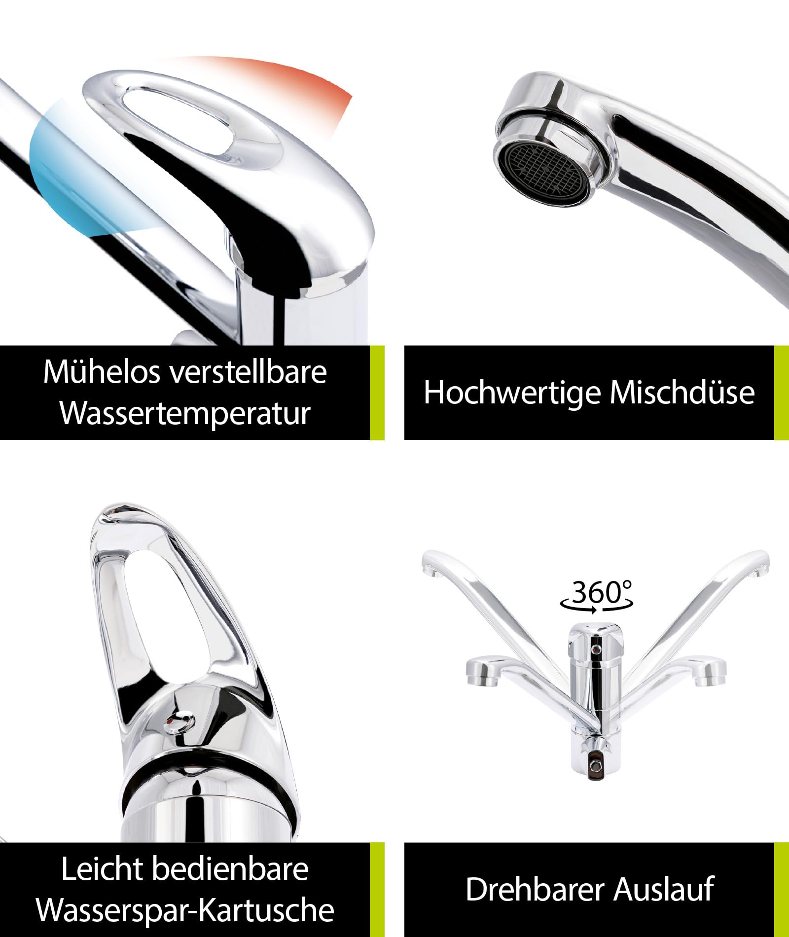 aquaSu® Spültischarmatur mit Geräteanschluss Concordia, Einhebelmischer mit Wasserspar-Kartusche, Wasserhahn für Spüle, Auslauf schwenkbar, Standard-Befestigung, Messingkern, chrom, 796019