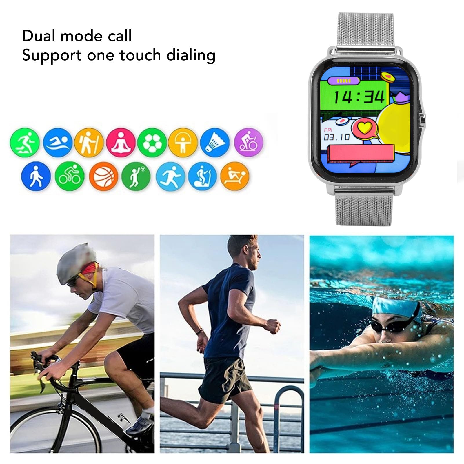 Orologio sportivo intelligente Schermo touch completo 1,69 pollici 12 modalità sportive Orologio fitness impermeabile IP68 per nuoto Corsa Ciclismo Uomo Donna (Argento)