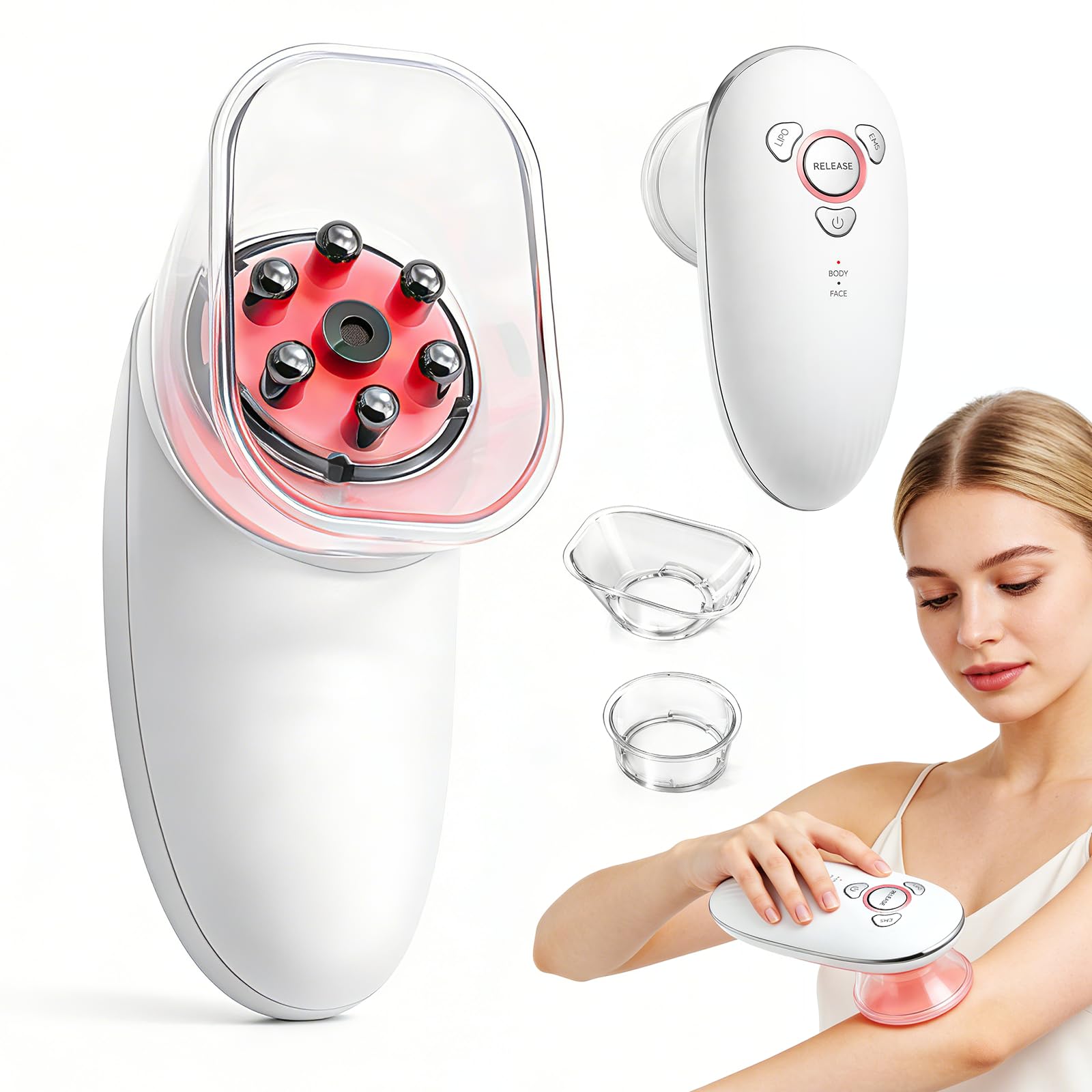 3 in1 Schröpfmassagegerät Elektrisch mit EMS & Rotlicht, Tragbarer Massage Gun für Lymphstimulierende Massage und Körpermodellierung - Für Gesicht, Bauch, Beine, Po zur Straffung und Entspannung