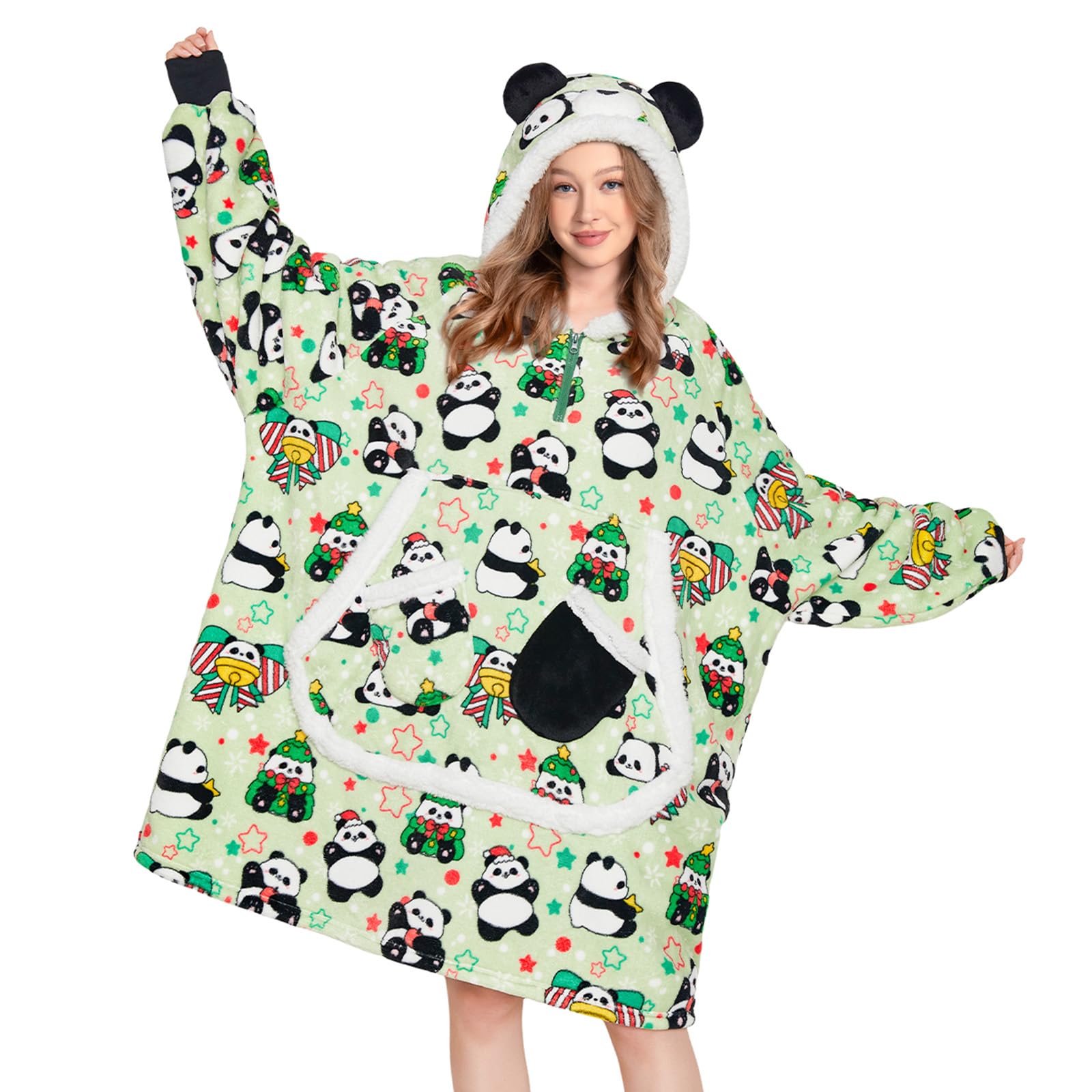 OLAOLA Adult Panda Print Oversized Wearable Blanket Hoodie Sweatshirt