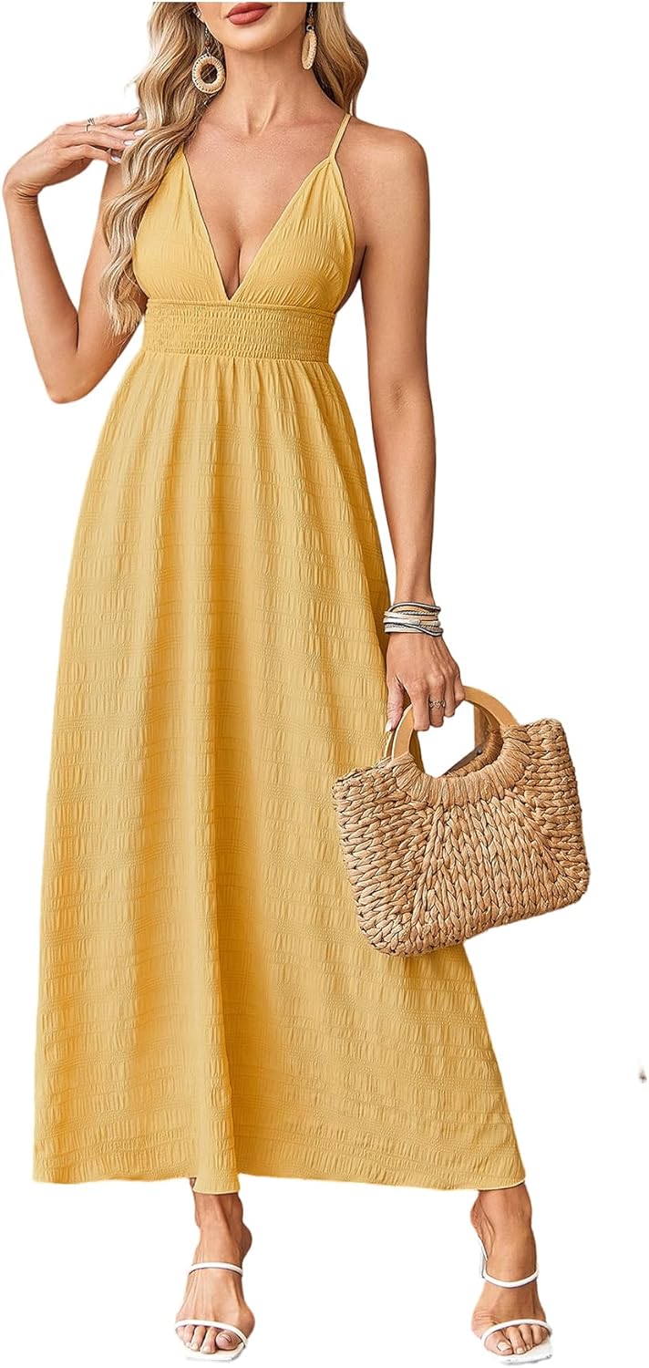 Milumia Women's Summer Smocked Cami Maxi Dress Boho V Neck Spaghetti Strap A Line Flowy Beach Long Sundress - Image 5