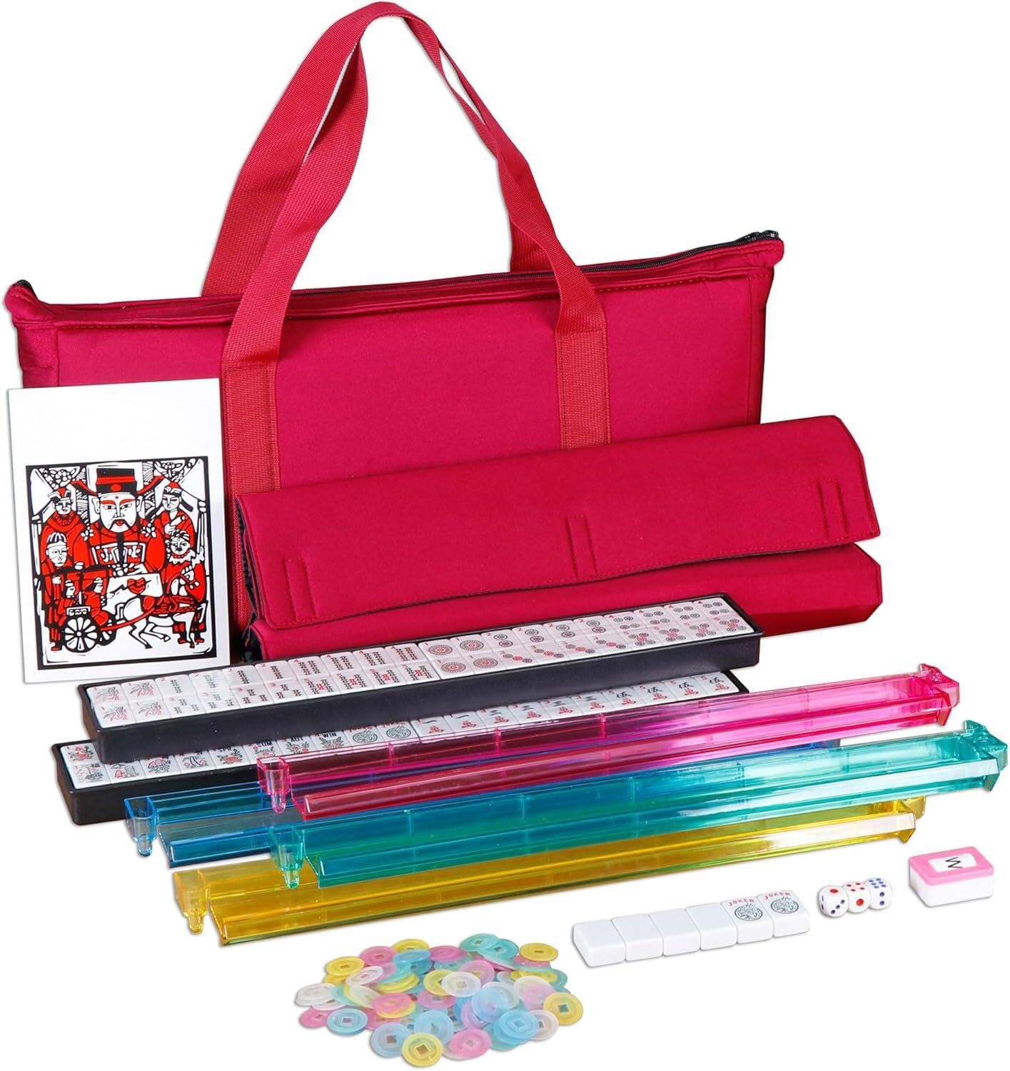 Nova Microdermabrasion American Mahjong Mah Jongg Set 166 Tiles 4 All-in-One Color Rack/Pushers Red Soft Bag Full Size Complete Mahjongg Ma Jong Set (Red)