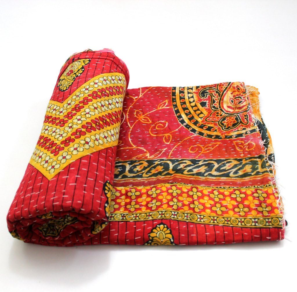 Vintage Throw Kantha Quilt Indian Handmade Bohemian Bedspread Reversible Cotton Ethnic Sari Fabric Embroidered Bedding Blanket Gudari