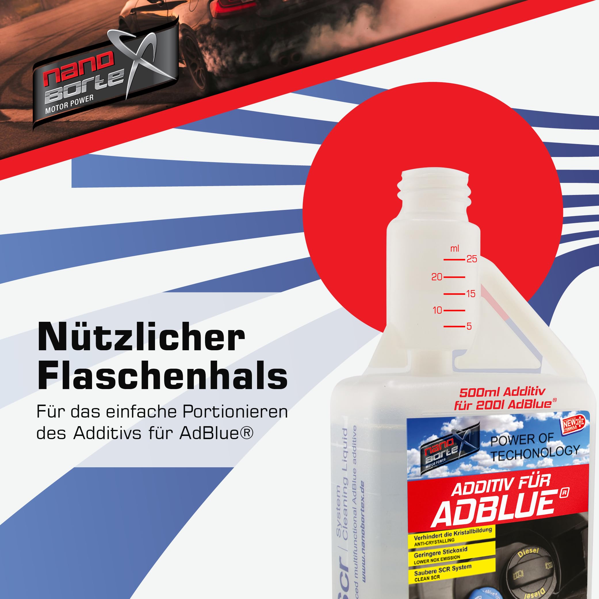 NanoBorTeX Additivo per AdBlue® – SCR Cleaner contro la formazione di cristalli e pulisce il sistema SCR, migliora le prestazioni del catalizzatore e garantisce una pulizia efficace dei gas di scarico