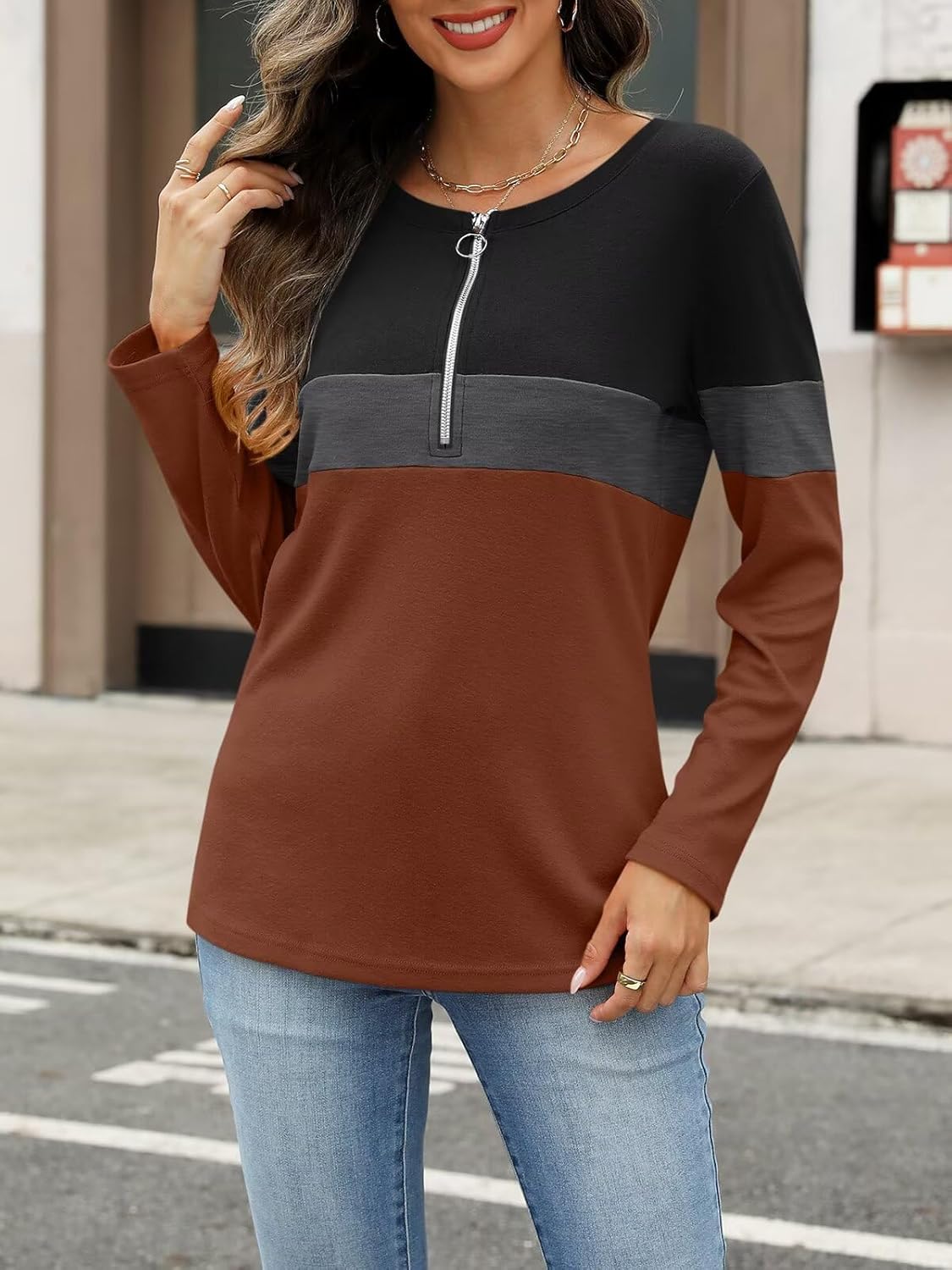 ORANDESIGNE Women's Long Sleeve Shirts Fall Zipper Tops Tunics Ladies Casual Tees Blouses - Image 4