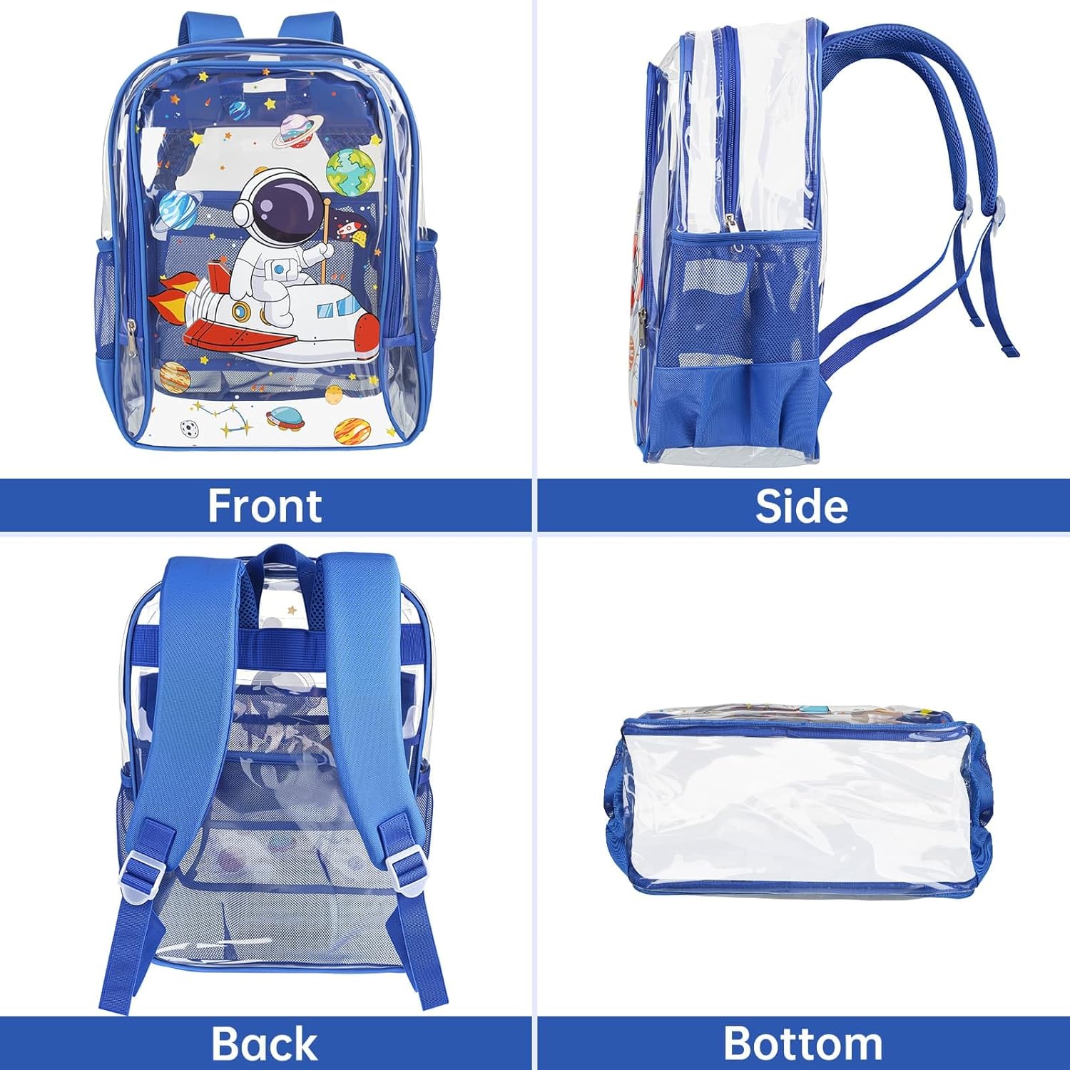 Clear Backpack for Boys Girls - 3 Pcs Astronaut Transparent Backpack Heavy Duty with Lunch Bag Pen Case - PVC Clear Bookbag for Kids Kindergarten Elementary School Travel Stadium Events