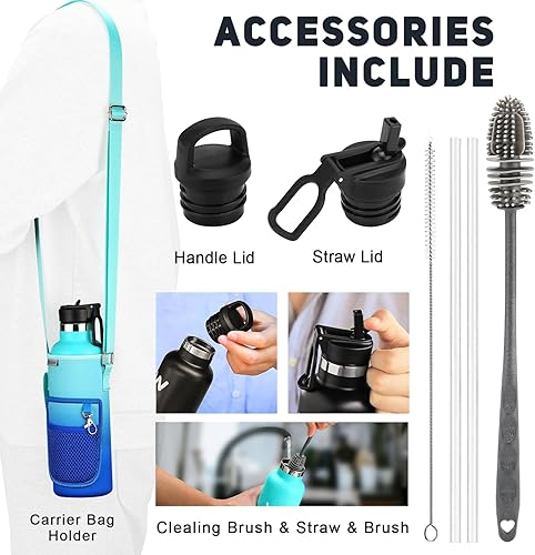 Miniatura 3 de WEREWOLVES Botella de agua aislada con tapa de popote y tapa con asa, botella de agua de acero inoxidable con soporte para bolsa de transporte,