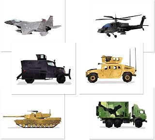 Army Military Wall Art Decor - Set of 6 Posters // Military Bedroom Art Prints // Kids Room Decor // Army Theme Vehicles Pictures // Birthday Party Decoration // Tank Helicopter Hummer Humvee (8x10,