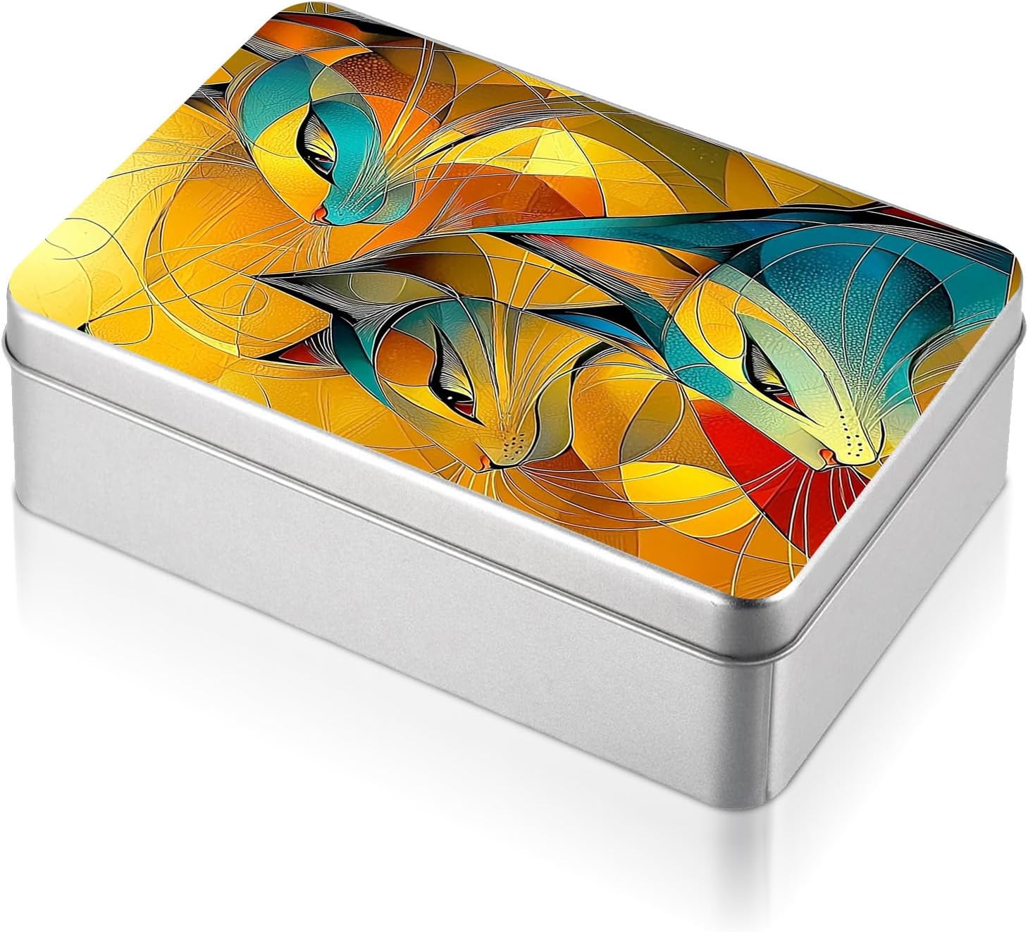 Metal Tin Box with Lid - 3.5" x 2.4" x 0.7" Rectangular Tinplate Container for Home Organization,Craft Supplies,Travel Essentials & Small Item Storage,Abstract Golden Cats Design