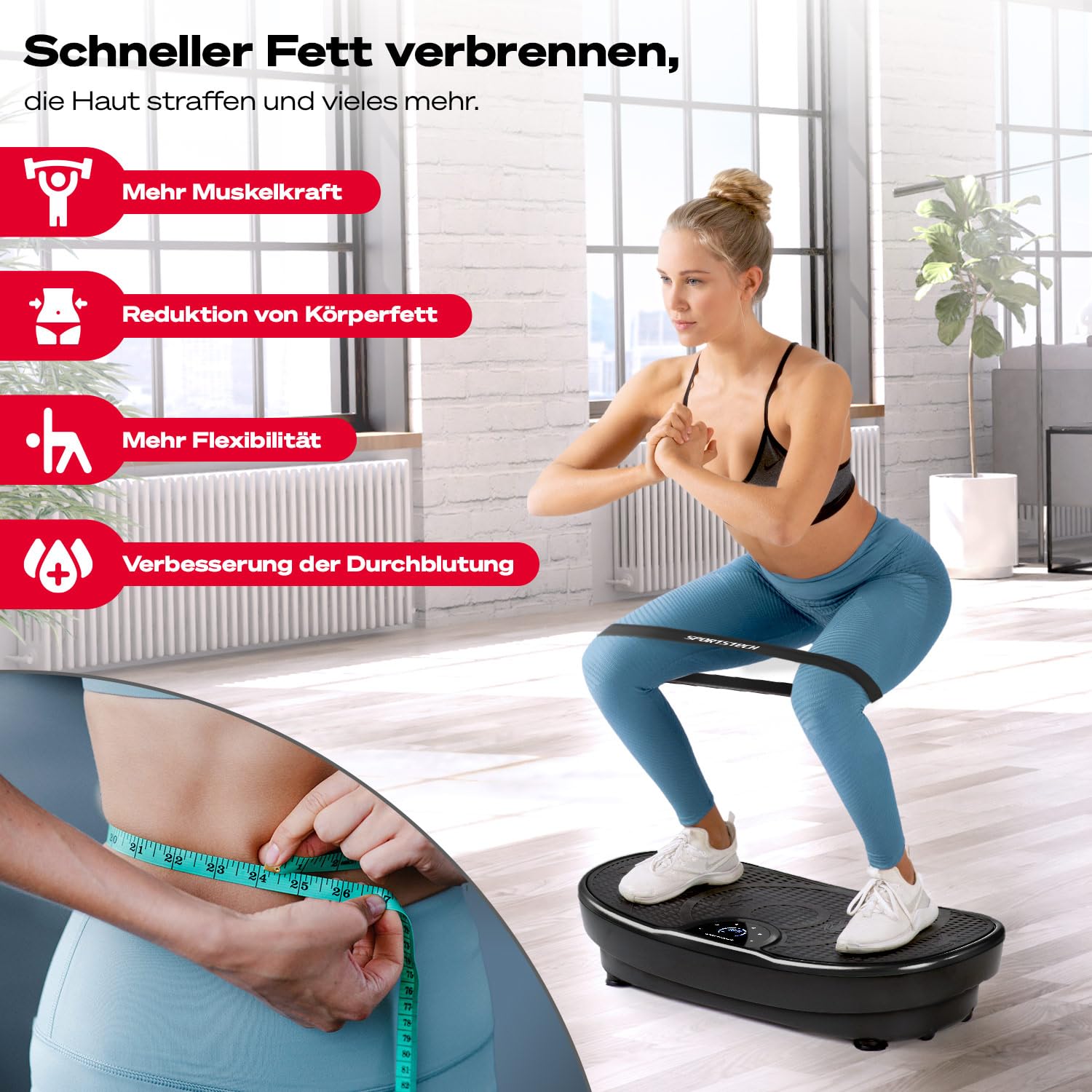 Sportstech VP250 Vibrationsplatte für Zuhause, Rüttelplatte für Frauen & Männer, Lymphdrainage, Fettverbrennung & Muskelaufbau, Ganzkörpertraining, leiser Motor, 200 W, 180 Stufen, Bluetooth