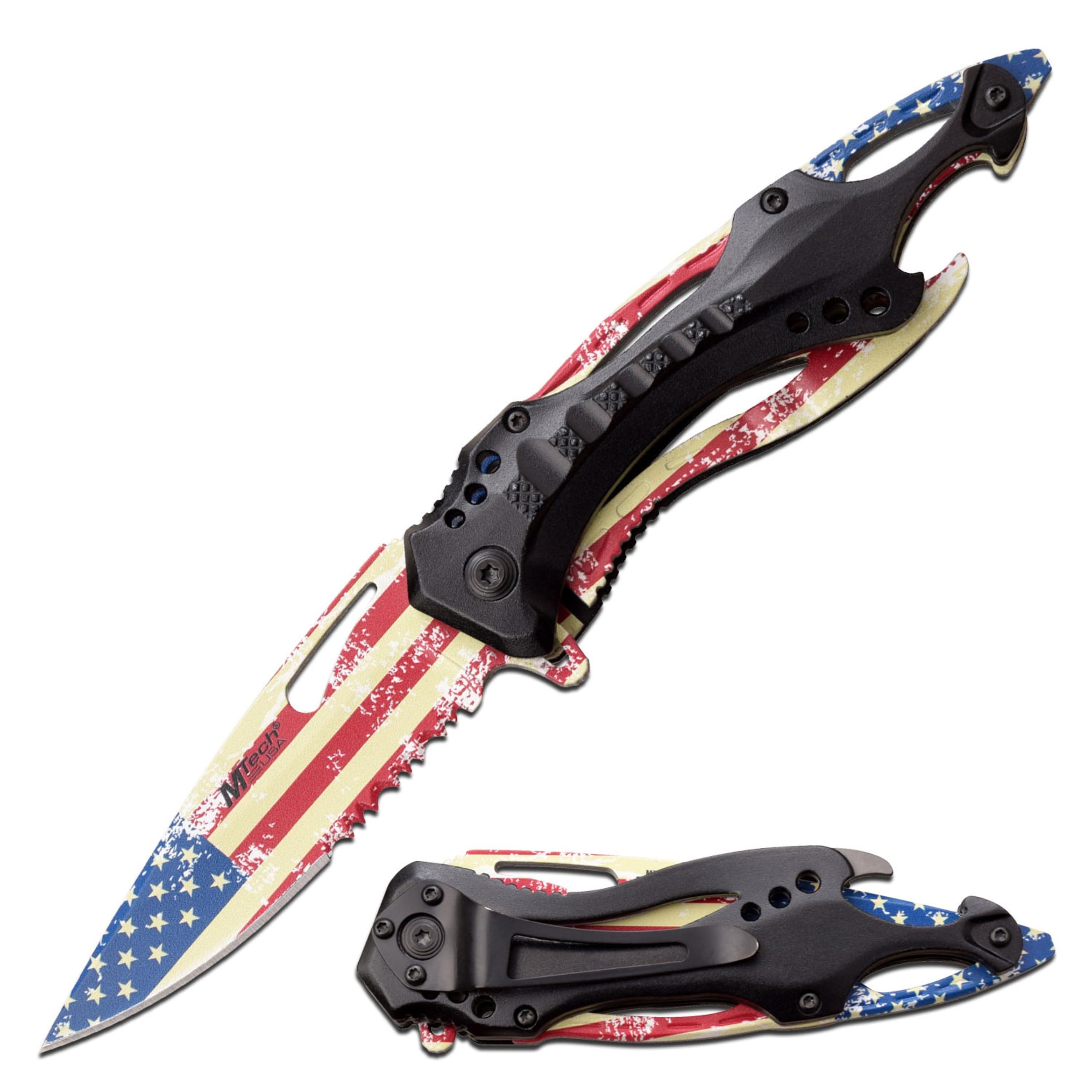 MTECH USA Folding Knife, 3.75-Inch Half-Serrated Blade, Titanium Coating, Glass Breaker, Pocket Clip