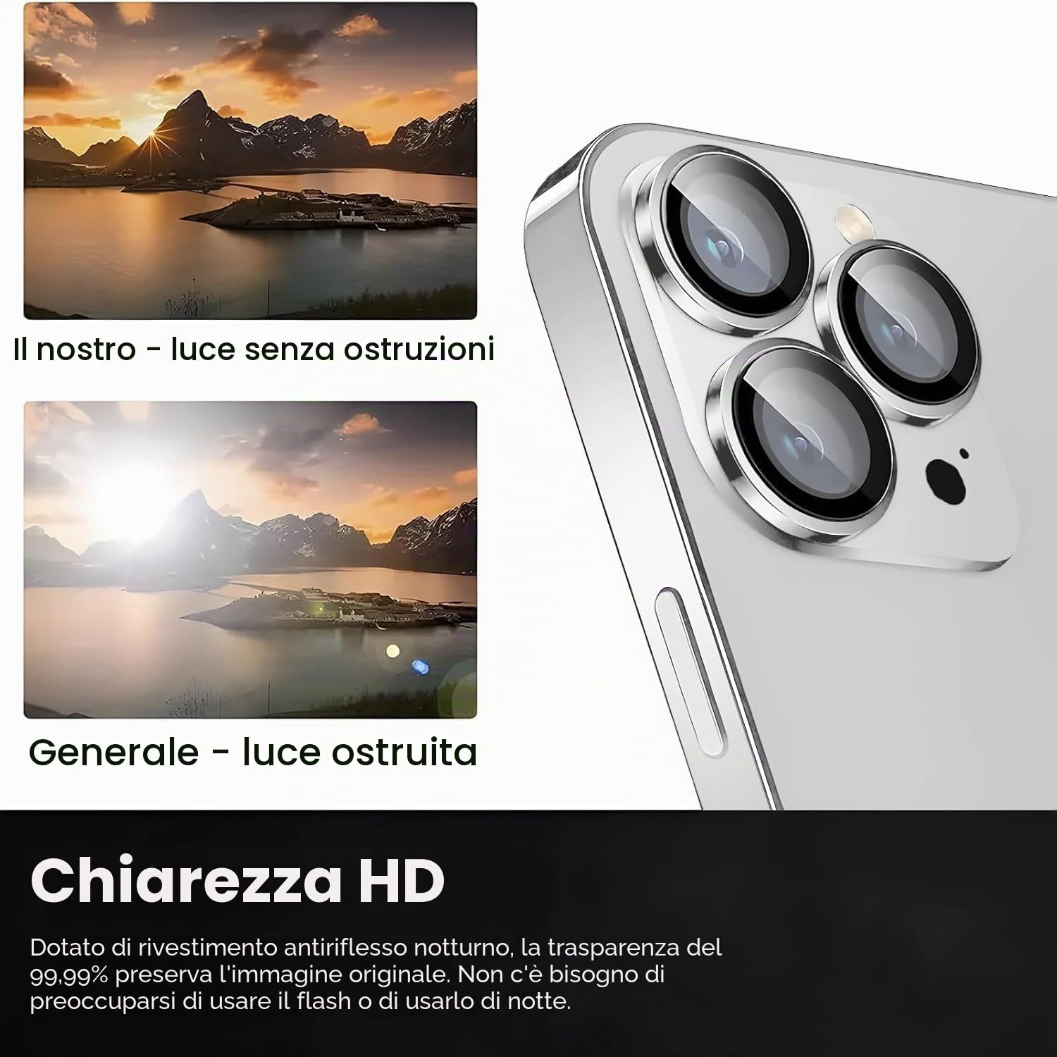 COYUN Protezione In Vetro Temperato Per Obiettivo IPhone 16 Pro / 16 Pro Max – HD Trasparente Con Anello Metallico Argento Brillante