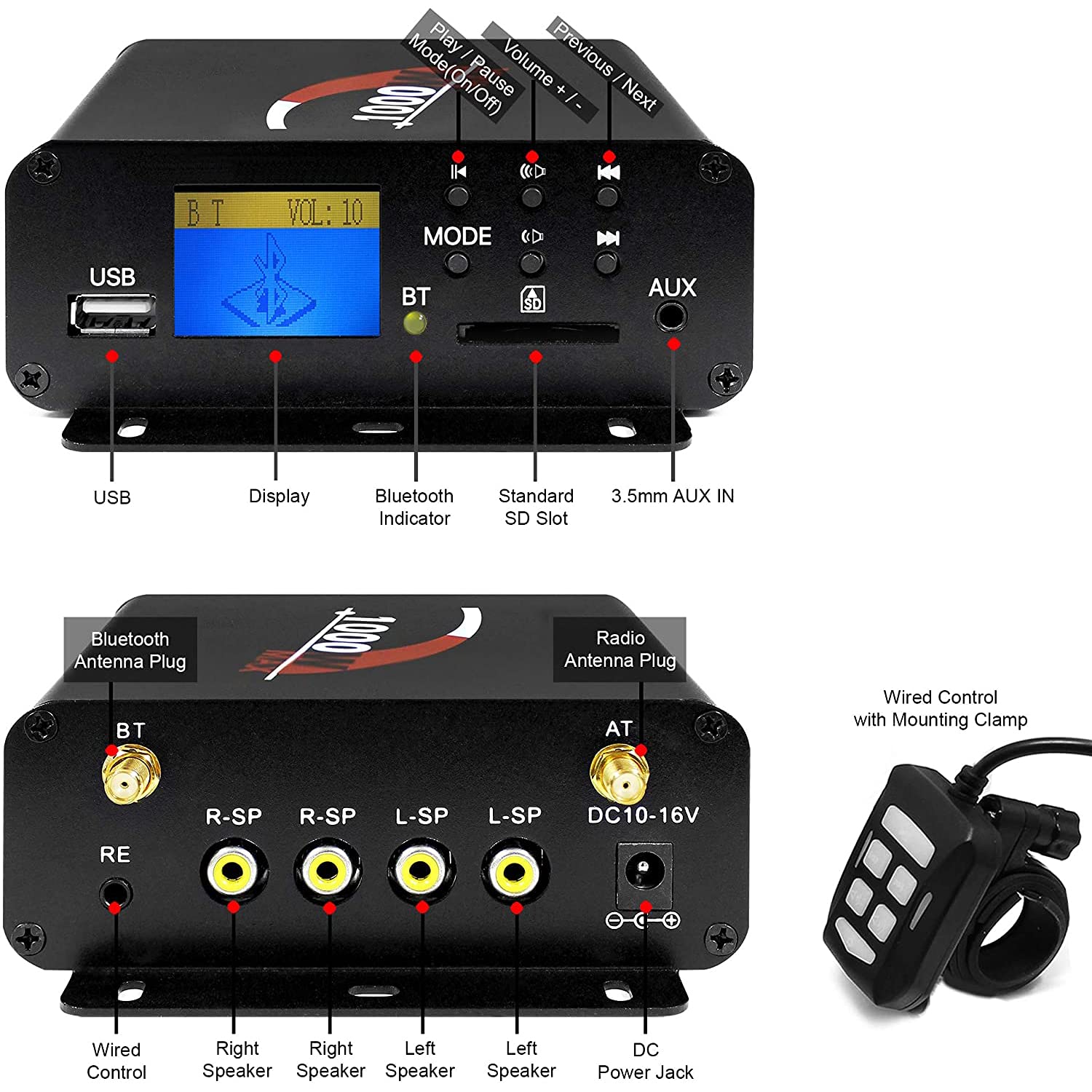 1000W Potente amplificatore stereo multimediale Bluetooth a 4 canali con radio FM SD AUX USB, amplificatore sostitutivo del sistema audio per moto serie M1000 per Harley ATV UTV RZR Polaris