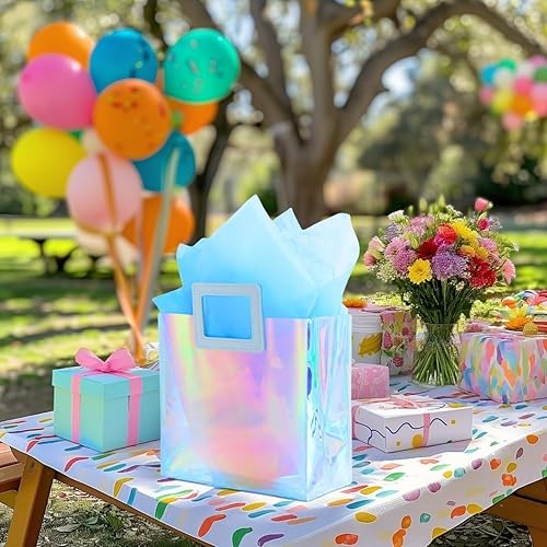 Miniatura 3 de Bolsa de regalo pequeña holográfica de 8.3 pulgadas con papel de seda, reutilizable, bolsa de regalo de cumpleaños para niñas y mujeres,
