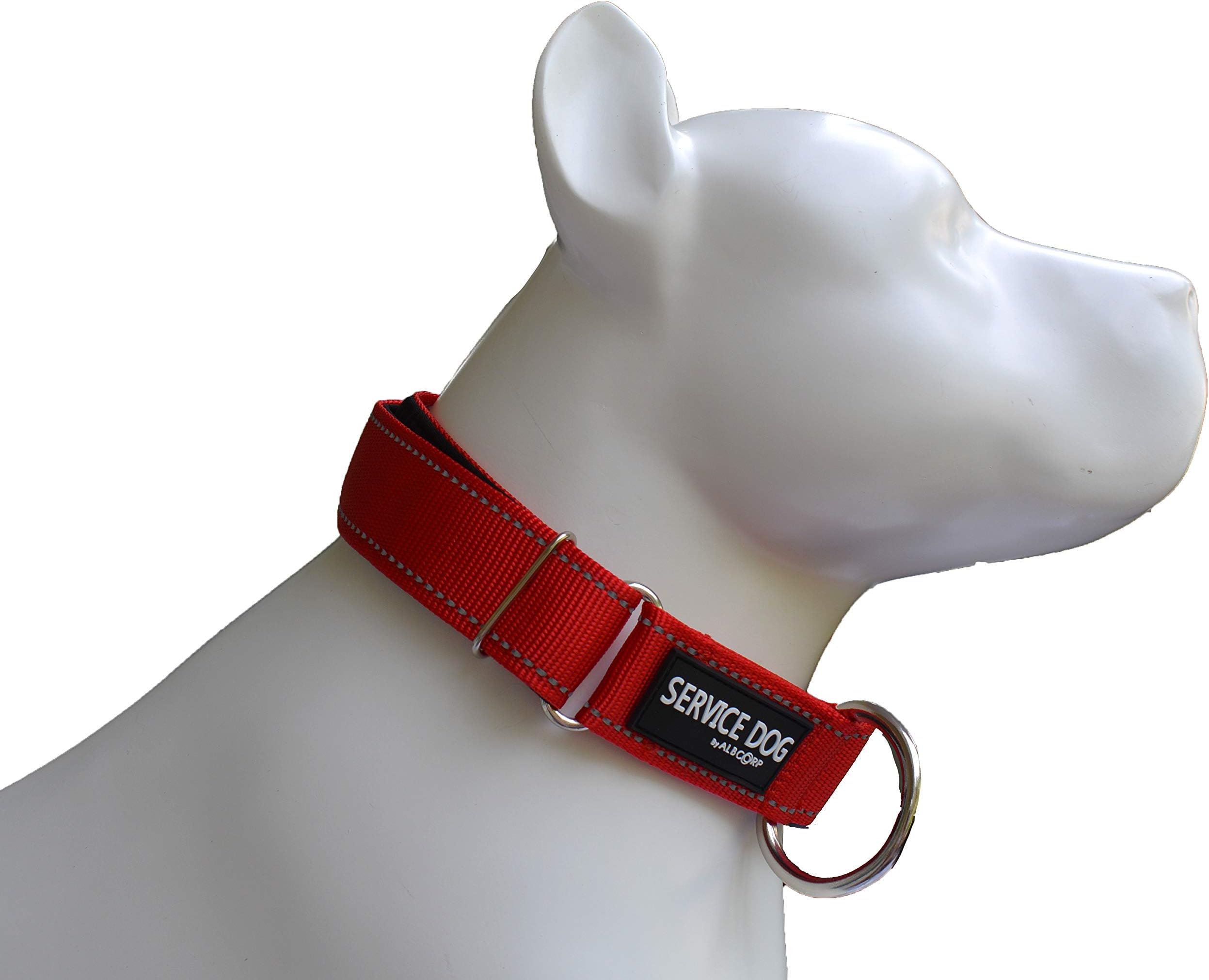 ALBCORP Reflective Dog Collar Control Handle Service Dog Patch, Woven Nylon, Comfy Neoprene Padding Training Walking Your Service Animal, XL, Red.